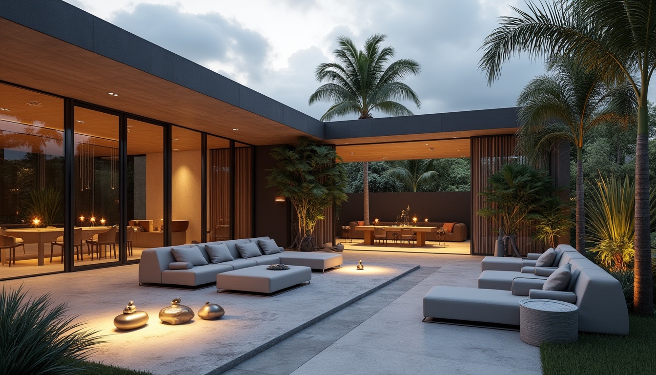 Prompt: Modern outdoor space, sleek minimalist design, luxurious villa backdrop, large glass windows, sliding doors, polished concrete floor, low-maintenance plants, succulents, geometric-shaped planters, metallic accents, simple yet elegant furniture, sectional sofas, ottomans, abstract sculptures, ambient lighting, warm and cozy atmosphere, evening scene, soft box lights, panoramic view, 3/4 composition, realistic rendering.