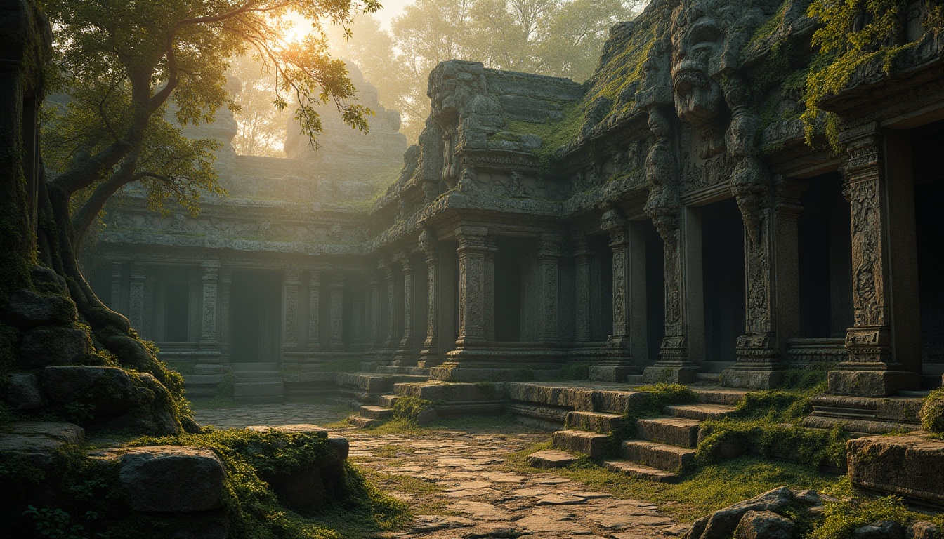 Prompt: Ancient ruins, mystical temple, stone structure, intricate carvings, moss-covered walls, overgrown with vines, mysterious ambiance, misty atmosphere, warm sunset lighting, dramatic shadows, 3/4 composition, natural textures, earthy tones, weathered stones, rugged surface, detailed stonework, ancient artifacts.