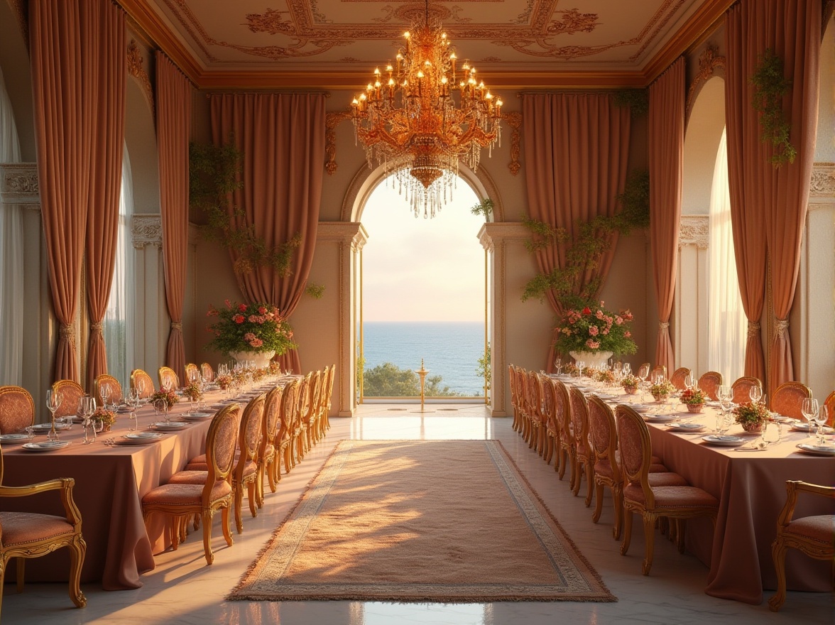 Prompt: Romanticism style dining hall, grand chandelier, luxurious velvet drapes, intricately carved wooden tables, ornate golden frames, soft warm candlelight, white marble floors, gentle sandy dunes patterned rug, beige stoned walls with vines crawling up, large arched windows overlooking a serene ocean view, warm sunset ambiance, 3/4 composition, shallow depth of field, warm cinematic lighting, gentle sea breeze sound effects.