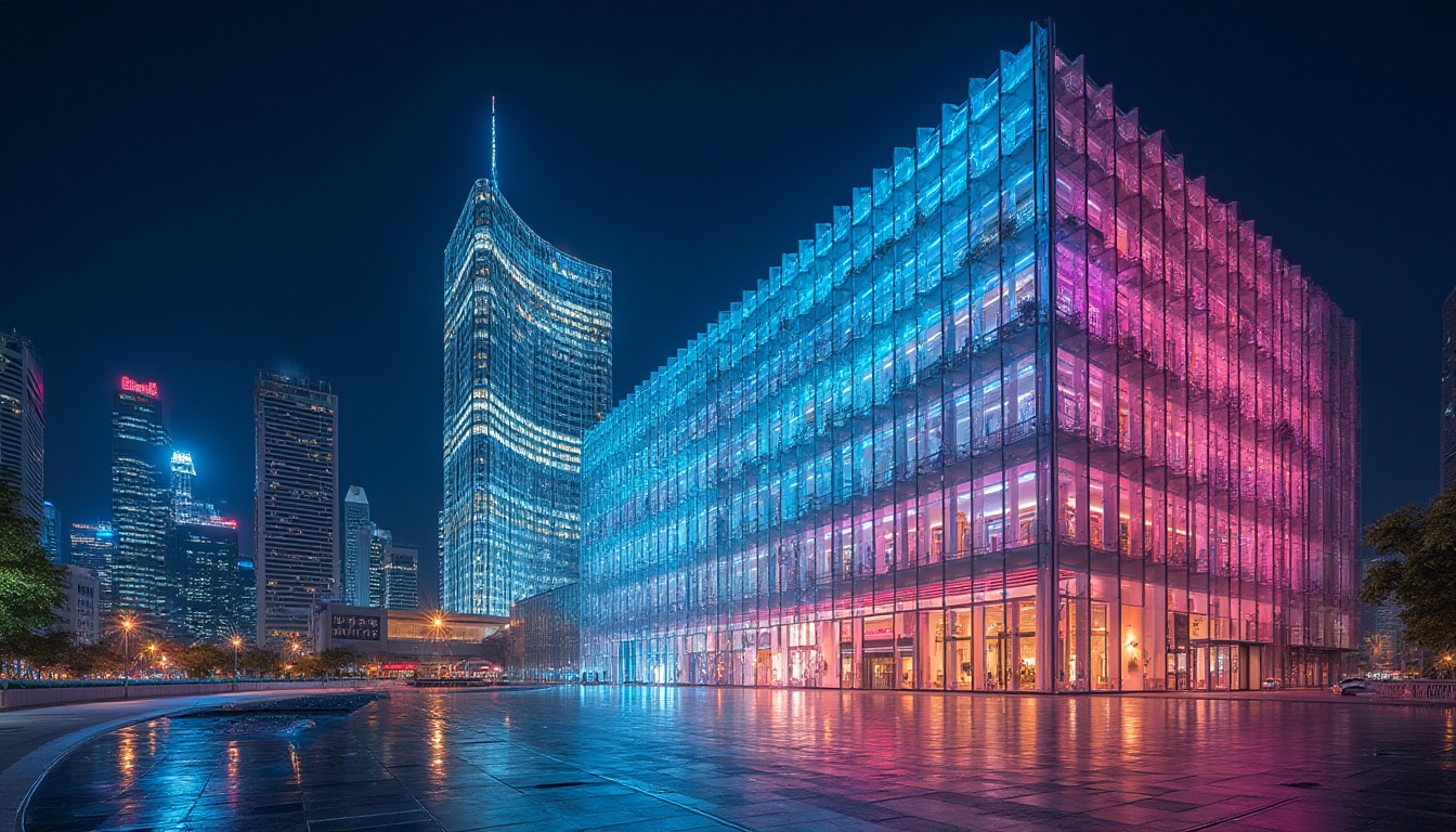 Prompt: Modern building, colored glass facade, urban landscape, cityscape, skyscraper, abstract geometric shape, transparent reflections, vibrant colors, gradient effect, LED lights, night scene, futuristic ambiance, 3/4 composition, low-angle shot, dramatic lighting, HDR, fish eye lens.