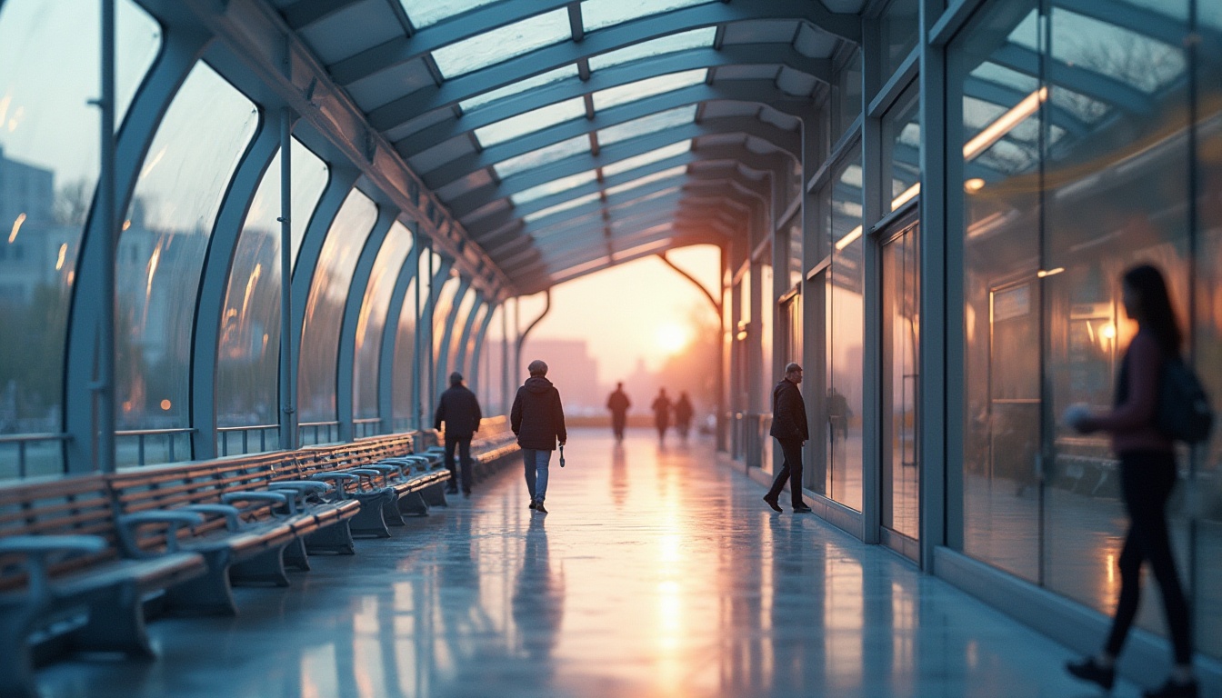 Prompt: Bus station, modern architecture, glass roof, natural light, fibreglass material, translucent texture, sleek lines, minimalist design, clean floor, metal benches, LED lighting, evening scene, cityscape background, blurred pedestrians, shallow depth of field, realistic rendering, soft warm lighting, 3/4 composition.