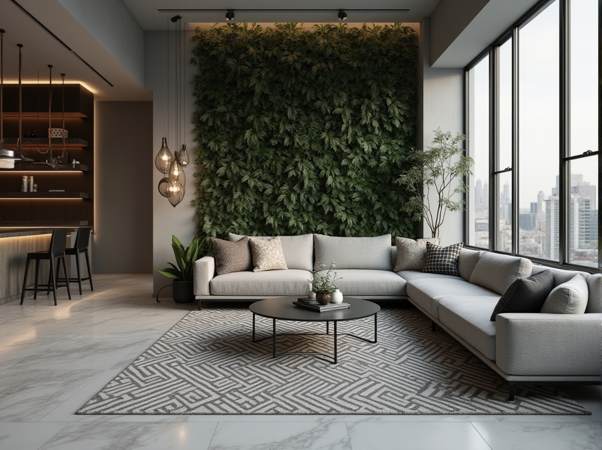 Prompt: Modern hospitality space, gray color palette, sleek minimalist interior, luxurious ambiance, marble floor, geometric patterned rug, modern sectional sofa, accent pillows, industrial chic metal coffee table, greenery wall, floor-to-ceiling windows, urban cityscape view, warm ambient lighting, 3/4 composition, high-angle shot, shallow depth of field, realistic render.