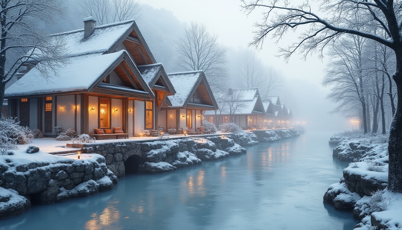 Prompt: Winter riverbank housing design, snow-covered roofs, white and cream-colored walls, wooden accents, frozen river, misty atmosphere, bare trees, snowy pathways, lanterns, warm indoor lighting, cozy atmosphere, soft focus, shallow depth of field, symmetrical composition, frosty glass windows, stone foundation, natural textures, serene ambiance, cold tone color palette.