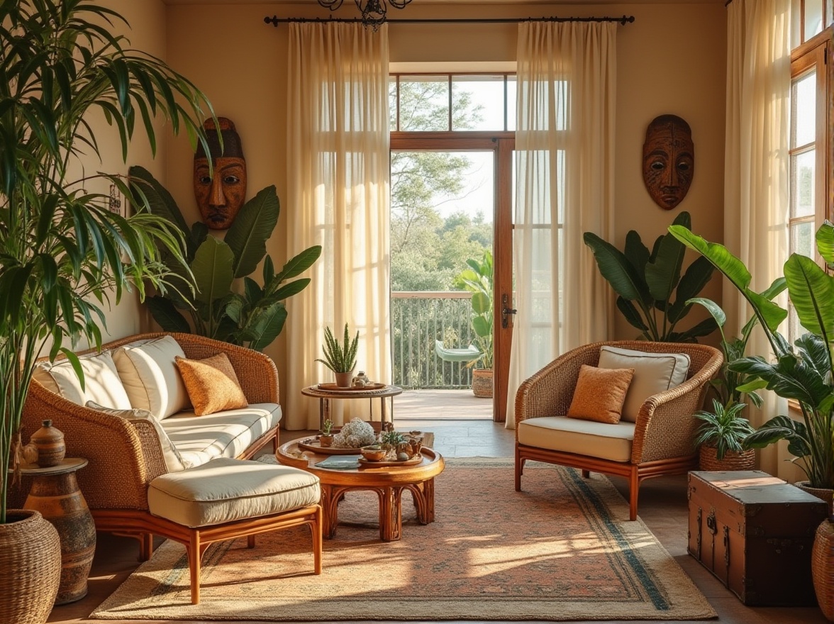 Prompt: Savannah-inspired design elements, warm beige color palette, natural textures, wicker furniture, rattan baskets, potted plants with lush green leaves, African patterned fabrics, wooden accents, tribal masks, earthy ceramics, vintage explorer's trunk, distressed leather, linen drapes, open space, airy atmosphere, warm sunlight filtering through curtains, subtle shadows, cinematic composition, 3/4 angle, soft focus, natural light, bohemian chic.