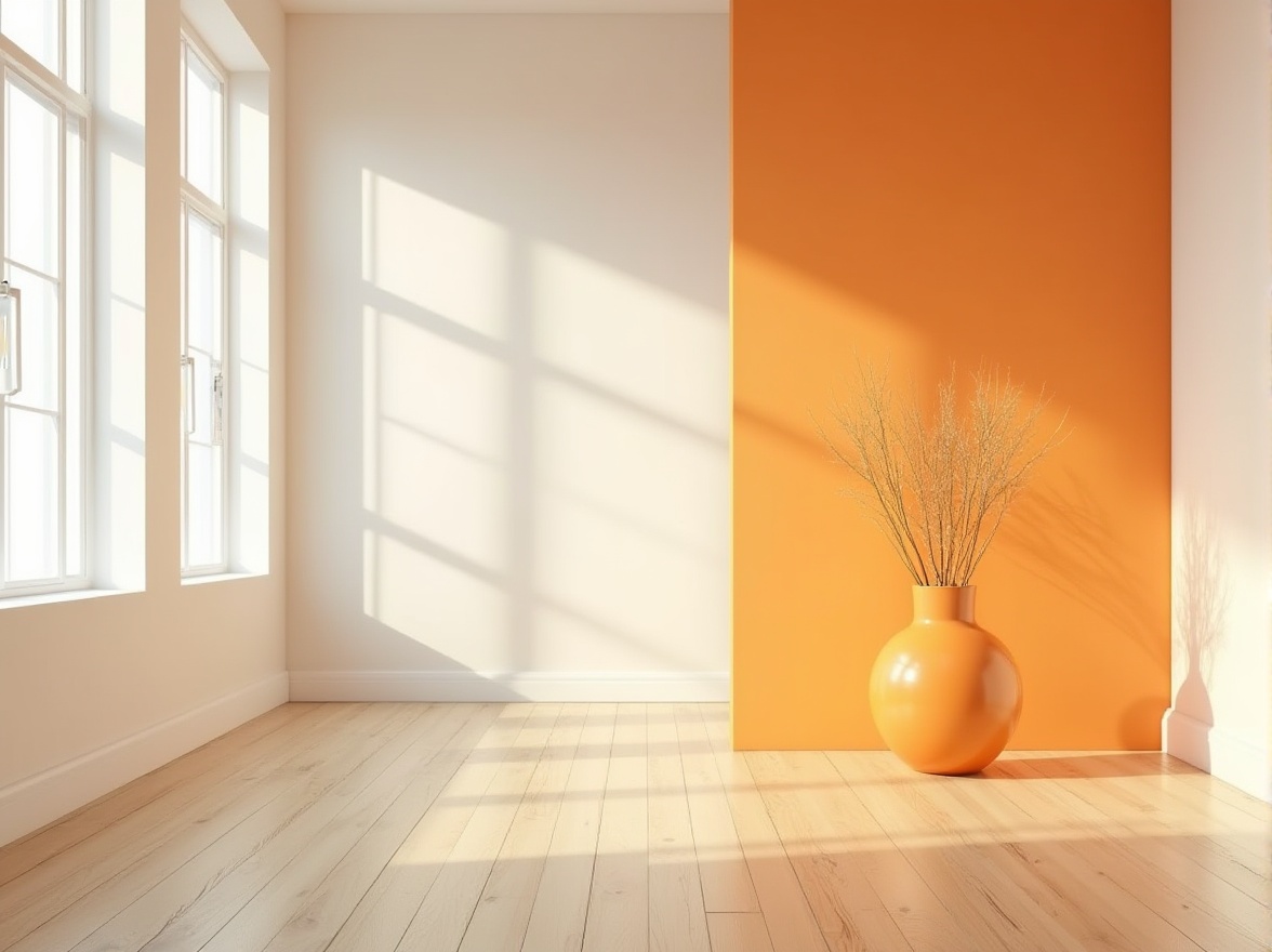 Prompt: Tangerine color, vibrant accent, minimalistic style, modern interior, empty space, white walls, wooden floor, sleek lines, geometric shapes, single tangerine-colored vase, centered composition, natural light pouring through large windows, subtle shadows, warm ambiance, Scandinavian design, 3/4 view, high contrast, bright atmosphere.