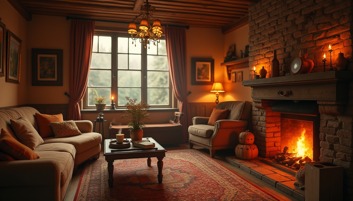 Prompt: Warm cozy atmosphere, Ocher color palette, earthy tones, golden lighting, rustic wooden furniture, vintage carpets, soft cushions, dimmed lamps, warm fireplace, crackling flames, autumn leaves, forest scenery, misty mountains, foggy atmosphere, warm beverage, steaming mug, soft focus, shallow depth of field, cinematic composition, 3/4 view.