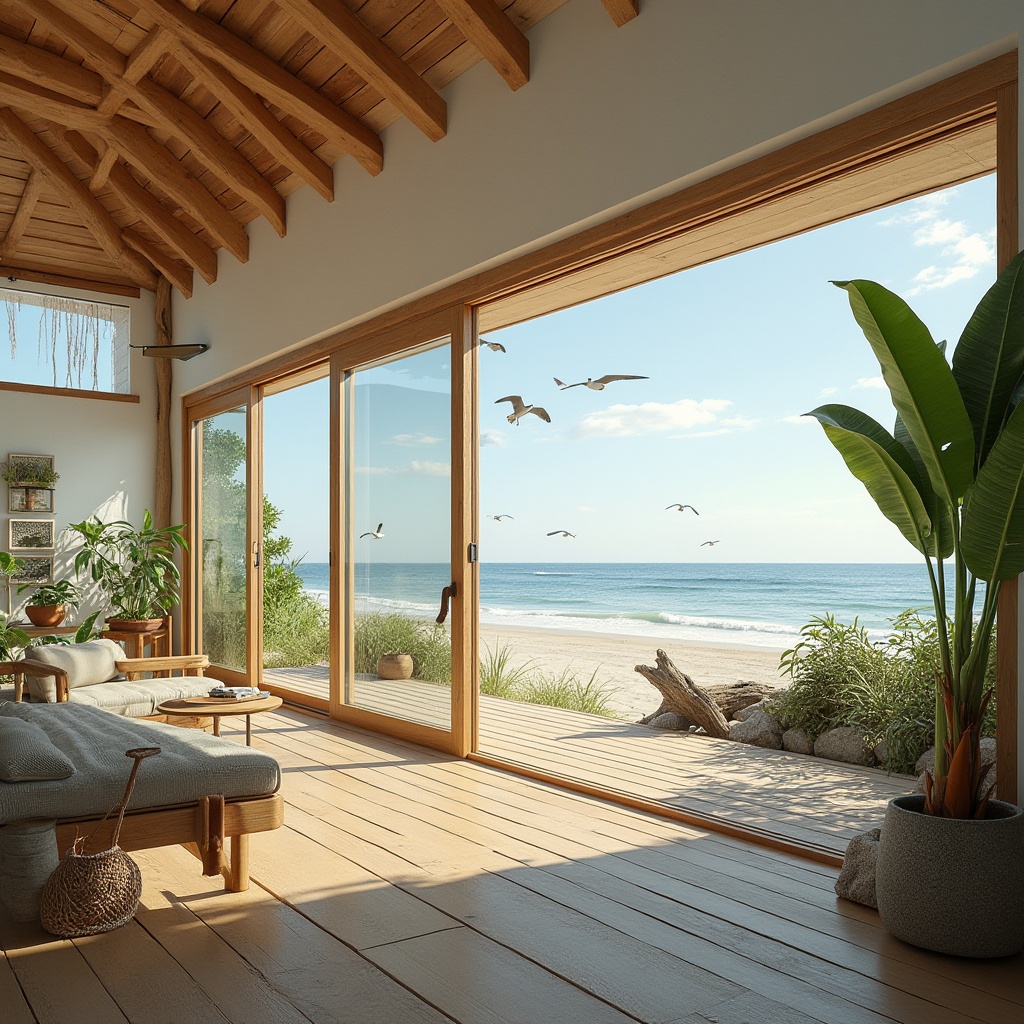 Prompt: Beach house, sustainable design, eco-friendly, modern architecture, large windows, sliding glass doors, natural ventilation, solar panels, recycled wood, bamboo flooring, minimalist interior, coastal color palette, ocean view, outdoor living space, hammock, tropical plants, sandy dunes, driftwood, seagulls flying overhead, warm sunlight, gentle sea breeze, 3/4 composition, natural lighting.