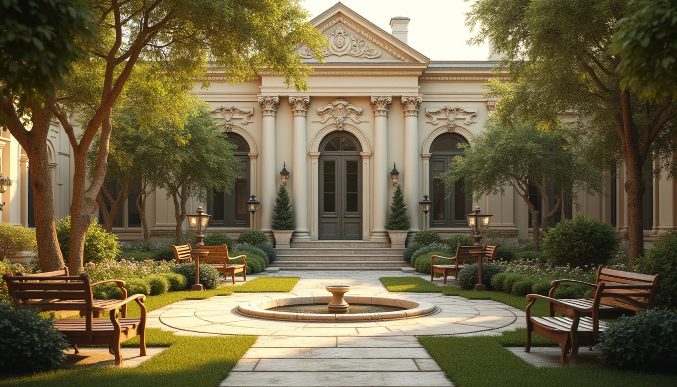 Prompt: Neoclassical hostel, grand entrance, ornate doors, pillars, arches, symmetrical facade, elegant stucco walls, cream-colored columns, lush greenery, topiary trees, flower beds, manicured lawn, tranquil fountain, comfortable outdoor seating, rustic wooden benches, vintage metal lanterns, warm golden lighting, afternoon sun, soft shadows, 3/4 composition, cinematic mood, serene atmosphere, classical music background.