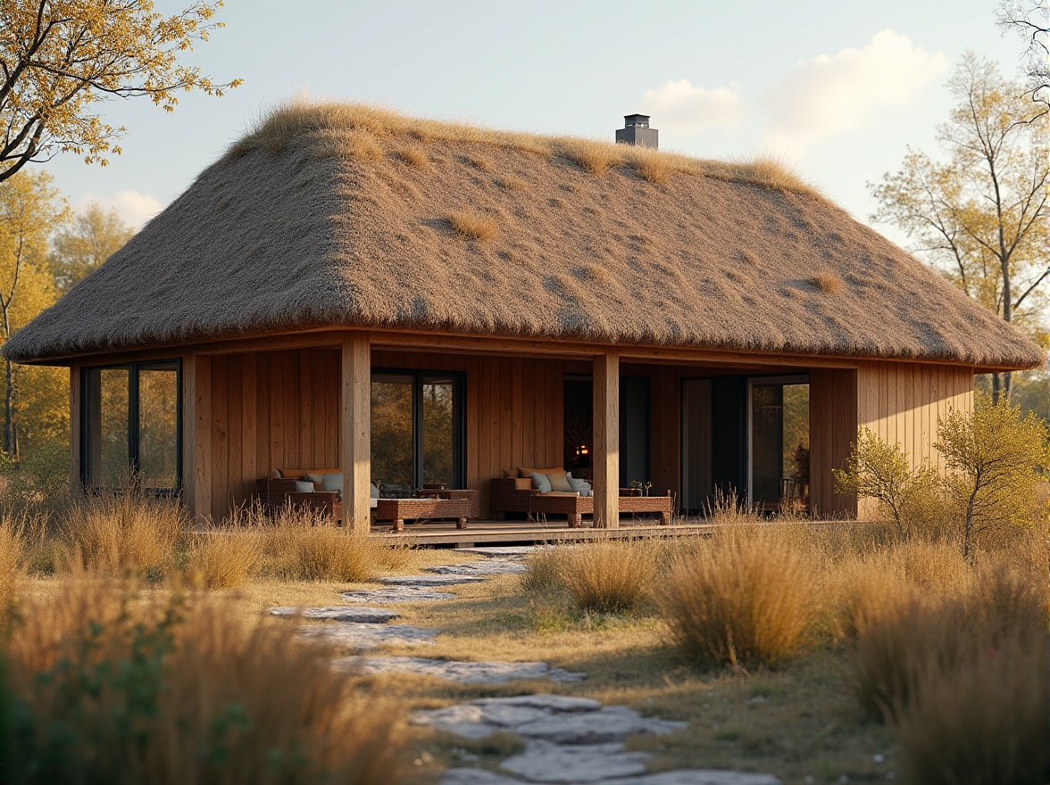 Prompt: Thatched roof, modern villa, rustic charm, natural materials, earthy tone, brown thatch, dry reeds, sloppy roof shape, wooden beams, large windows, minimal decor, cozy atmosphere, afternoon sun, warm lighting, shallow depth of field, realistic texture, soft focus, 3/4 composition, Scandinavian style.