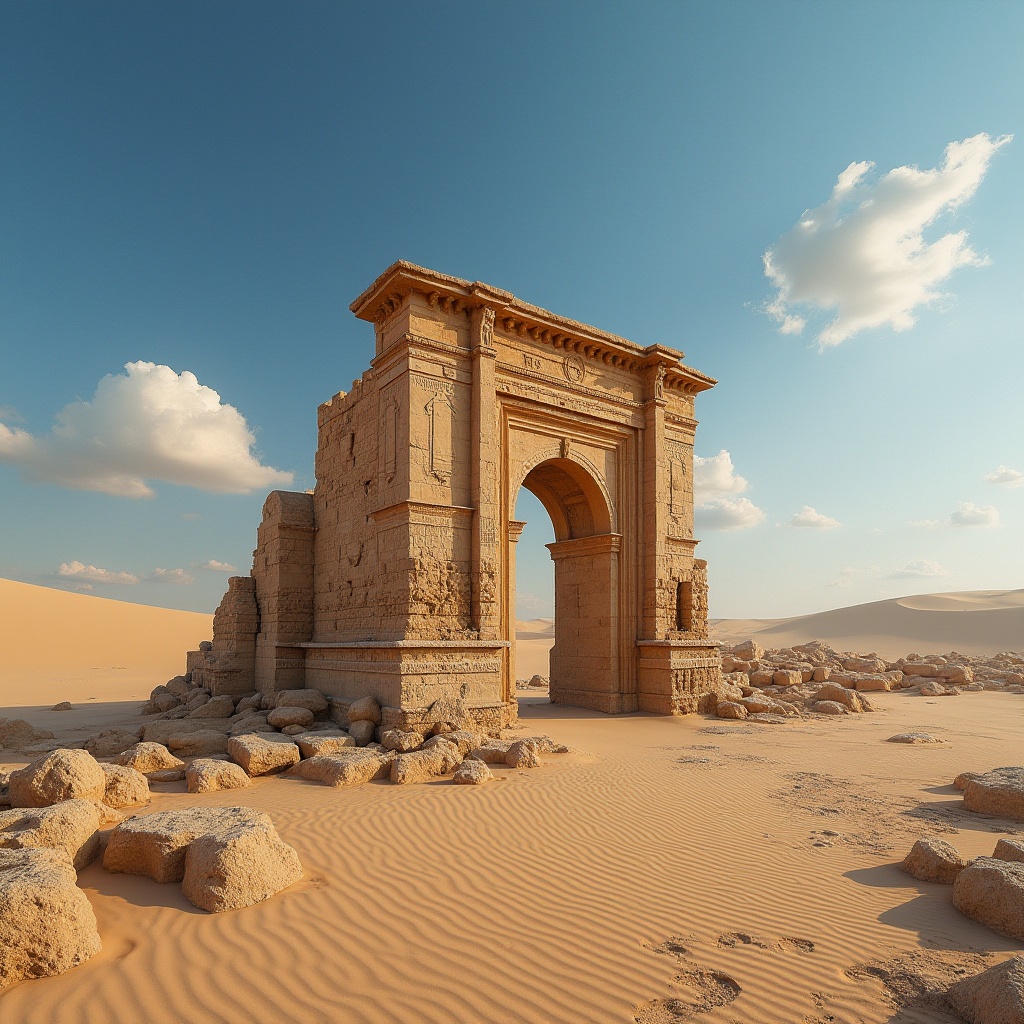 Prompt: Desert monument, ancient ruins, khaki color, stone structure, intricate carvings, worn-out weathered surface, vast sandy dunes, clear blue sky, few puffy white clouds, warm sunlight casting long shadows, 3/4 composition, low-angle shot, dramatic lighting, cinematic mood, historical atmosphere.