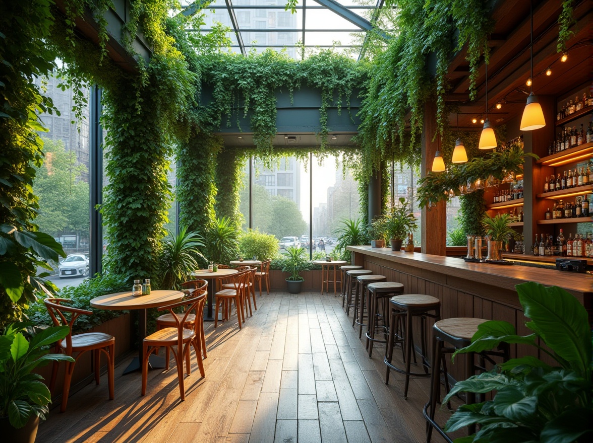 Prompt: Modern urban bar, green architecture, sustainable practices, lush green walls, vines climbing up pillars, wooden accents, recycled materials, eco-friendly furniture, potted plants, natural lighting, skylights, large windows, cityscape view, 3/4 composition, warm ambient lighting, soft focus, shallow depth of field.