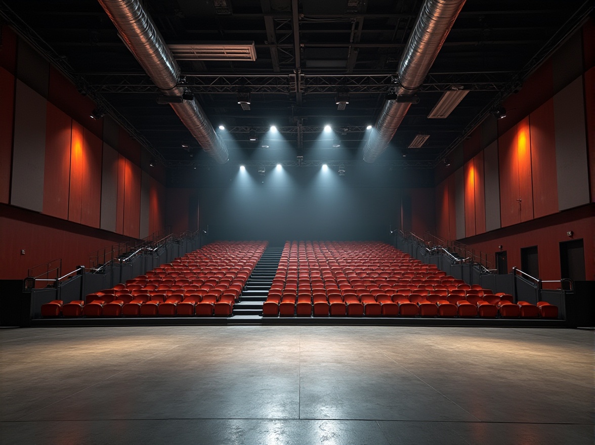 Prompt: Modern auditorium interior, steel beams, industrial chic, exposed ductwork, polished concrete floor, minimalist seating, spotlights, warm ambient lighting, architectural photography, high ceiling, urban atmosphere, cityscape background, sleek lines, metallic texture, reflective surfaces, dramatic shadows, low-angle shot, wide-angle lens, cinematic composition.