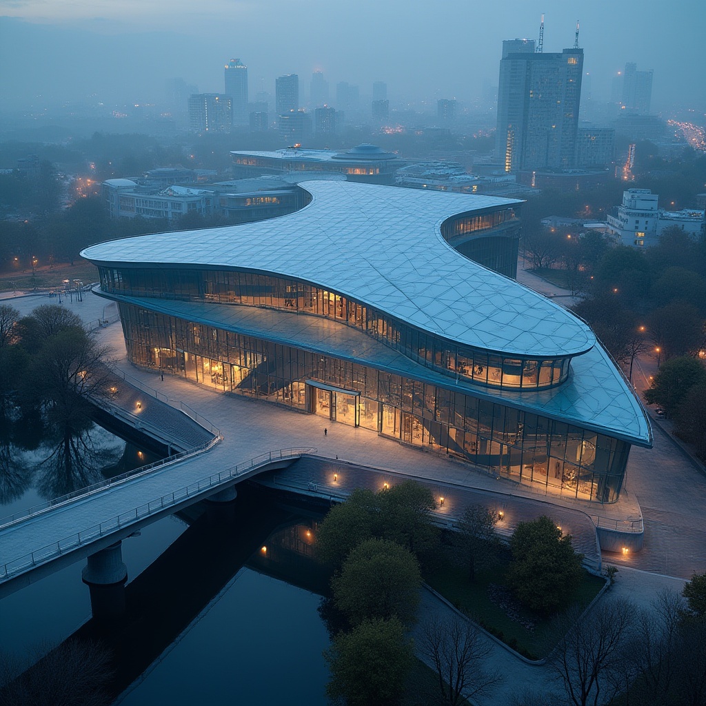 Prompt: Modern science center, futuristic architecture, glass curtain walls, Fibreglass exterior cladding, metallic frames, angular lines, geometric shapes, LED lighting, nighttime illumination, cityscape background, urban landscape, misty atmosphere, high-angle shot, 3/4 composition, shallow depth of field, abstract reflections, glassy surfaces.