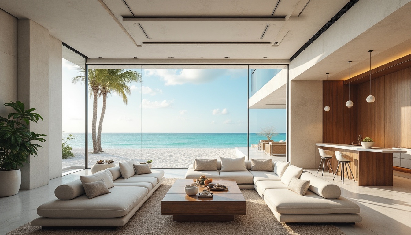 Prompt: Modern beach villa, luxurious interior design, minimalist decor, sleek lines, curved shapes, floor-to-ceiling windows, sliding glass doors, ocean view, palm trees swaying gently, white sandy beach, turquoise water, seashells scattered, driftwood furniture, linen couches, nautical ropes, natural fiber rugs, marble countertops, pendant lamps, geometric patterns, pastel color palette, warm ambient lighting, 3/4 composition, soft focus, cinematic mood.