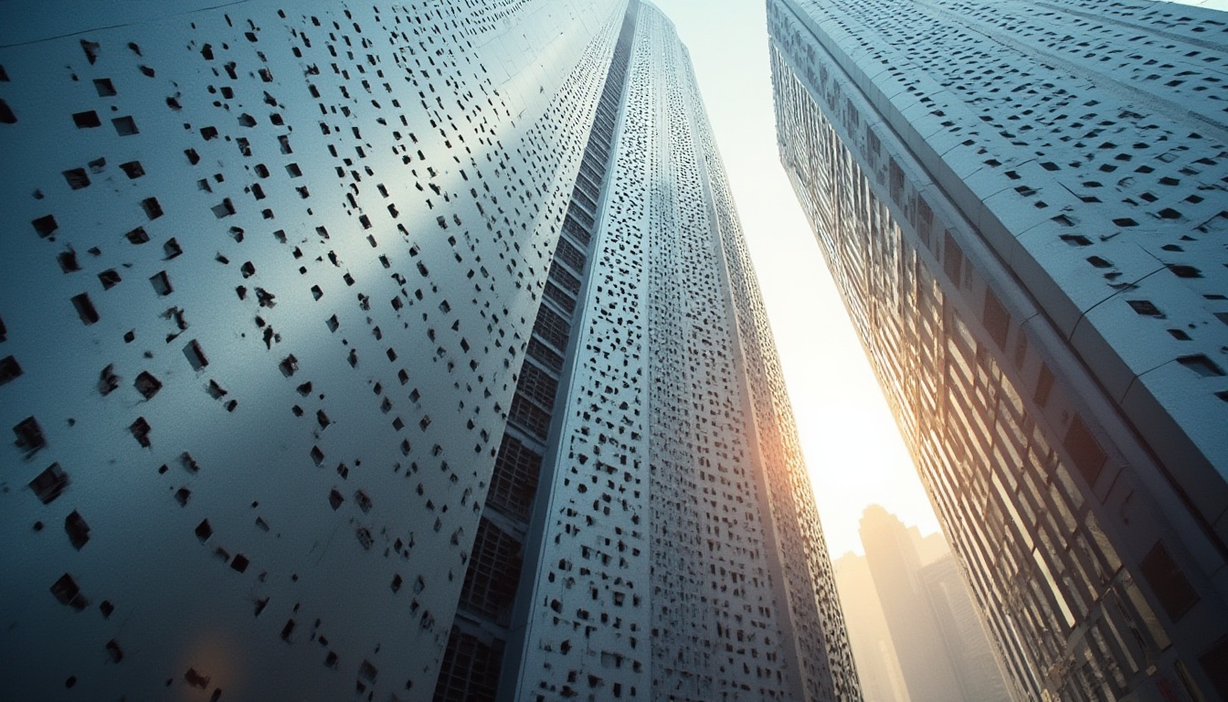 Prompt: Modern building facade, perforated metal panel, intricate patterns, metallic sheen, urban landscape, cityscape, skyscraper, morning light, low-angle shot, 3/4 composition, shallow depth of field, abstract background, architectural photography, high-contrast lighting, detailed texture, geometric shapes, industrial material, futuristic atmosphere.