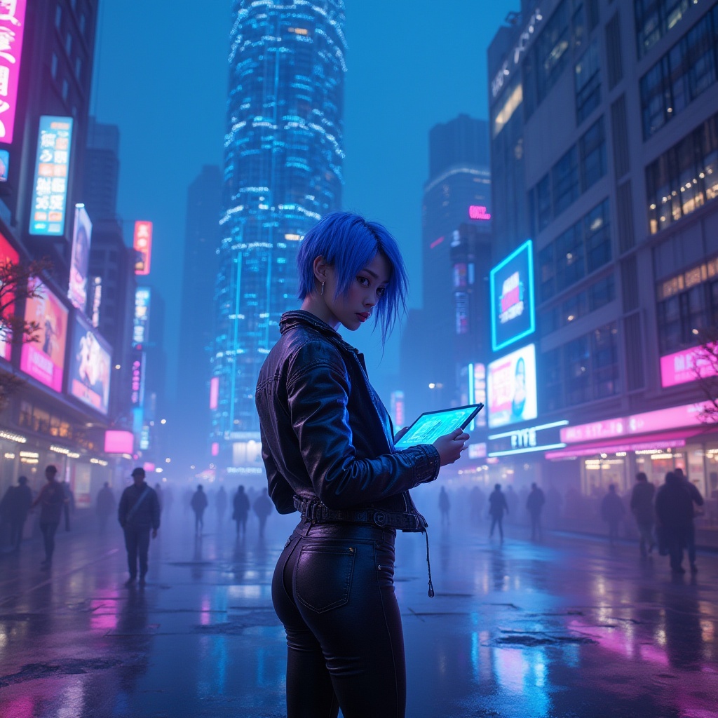 Prompt: Vibrant blue and violet themed, futuristic cyberpunk cityscape, neon lights reflecting off wet asphalt, a lone female protagonist with short, spiky blue hair, piercing violet eyes, bold eyeliner, glossy black leather jacket, high-waisted skinny jeans, silver buckle boots, holding a holographic tablet, standing in front of a massive skyscraper with intricate circuitry patterns, amidst a backdrop of towering buildings and bustling streets, misty atmosphere, dramatic low-angle shot, cinematic composition, high-contrast lighting, 3/4 view.