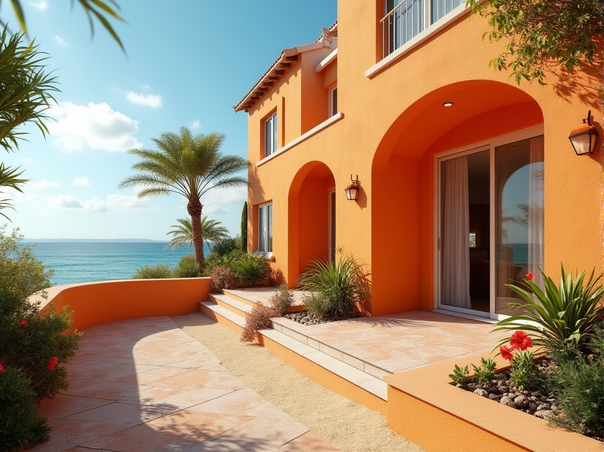 Prompt: Vibrant tangerine color, coastal home exterior, Mediterranean style, curved lines, stucco walls, white trims, large windows, sliding glass doors, ocean view, beachside, sunny day, clear blue sky, few puffy clouds, tropical plants, palm trees, hibiscus flowers, warm ambient lighting, soft focus, shallow depth of field.