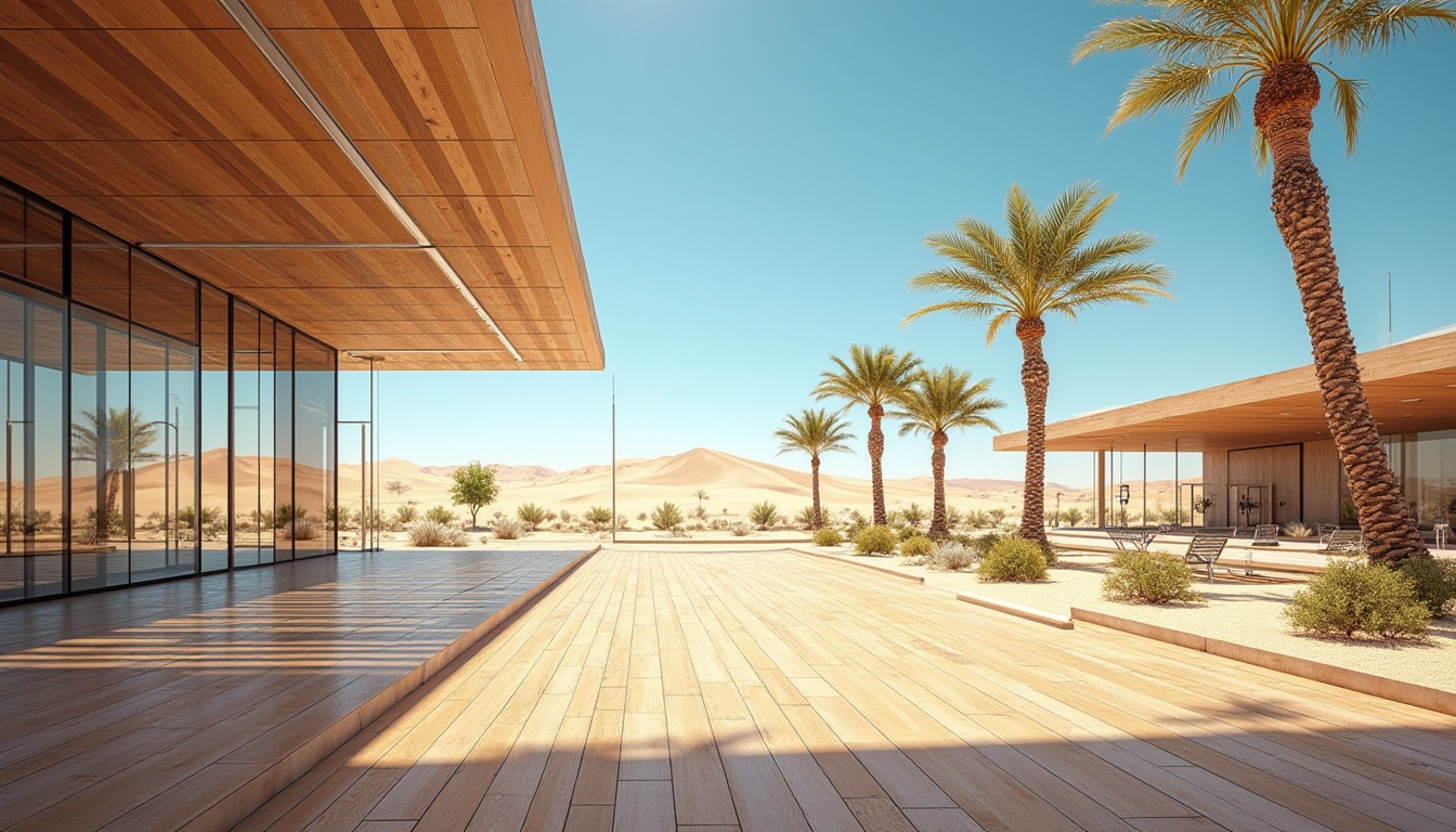 Prompt: Desert gym, modern architecture, vast sandy dunes, palm trees, clear blue sky, strong sunlight, athletic tracks, exercise equipment, mirrored walls, wooden floors, metallic beams, glass windows, open spaces, natural ventilation, shading devices, water features, succulent plants, sporty atmosphere, dynamic angles, low-angle shots, warm lighting, high contrast.