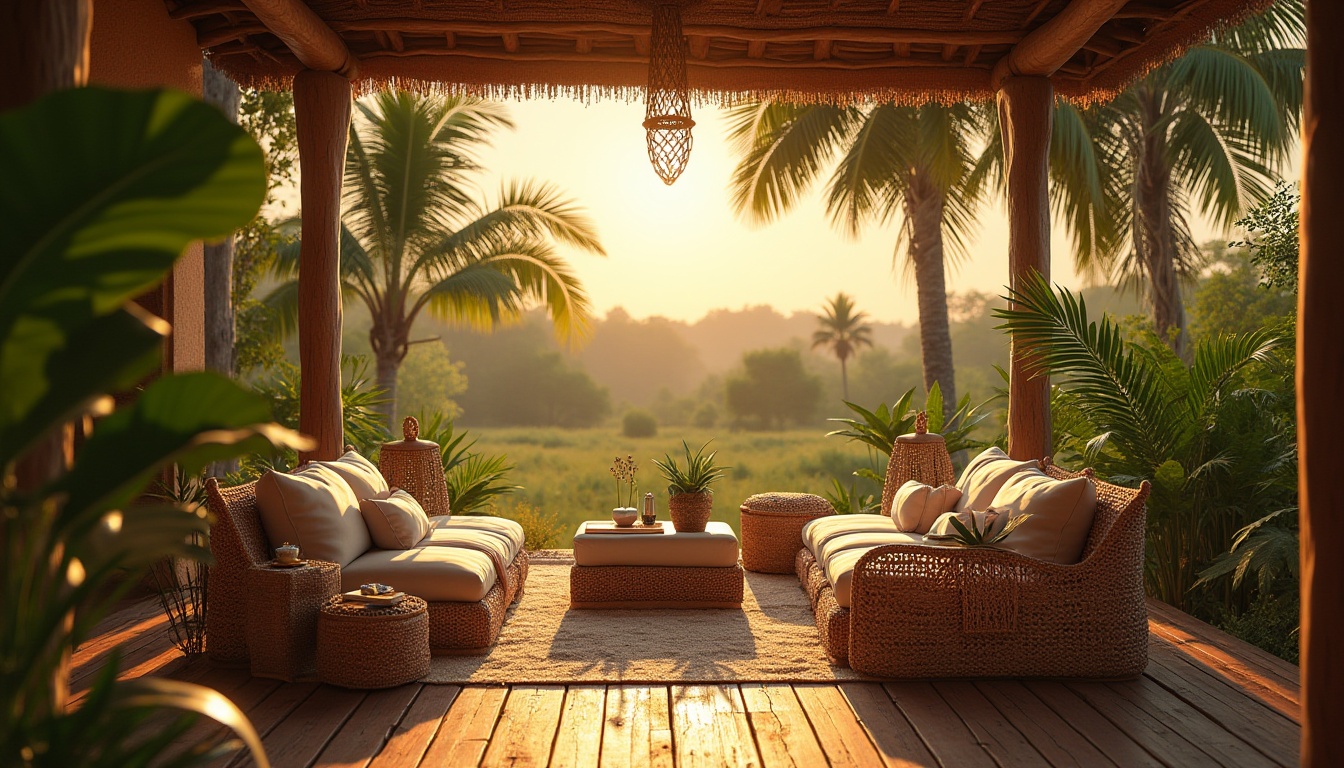 Prompt: Savannah-inspired design elements, earthy tones, wooden textures, natural fabrics, woven baskets, rattan furniture, leaf patterns, tropical plants, palm trees, sun-kissed African landscape, warm golden lighting, soft focus, cinematic composition, 3/4 view, shallow depth of field, vibrant colors, exotic atmosphere.