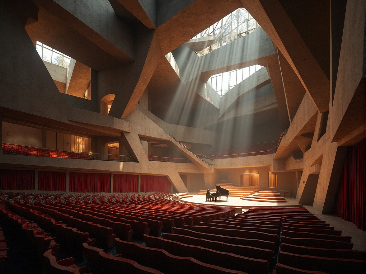 Prompt: Modern concert house, constructivist architecture, geometric shapes, fragmented forms, deconstructivist elements, irregular lines, abstract patterns, industrial materials, concrete walls, steel beams, glass facades, complex roof structures, asymmetrical composition, dramatic lighting, spotlights, stage lights, audience seating area, wooden chairs, red velvet curtains, grand piano, musician performing, dynamic angles, low-angle shot, 3/4 composition, warm color tones, soft focus, ambient light, cinematic atmosphere.