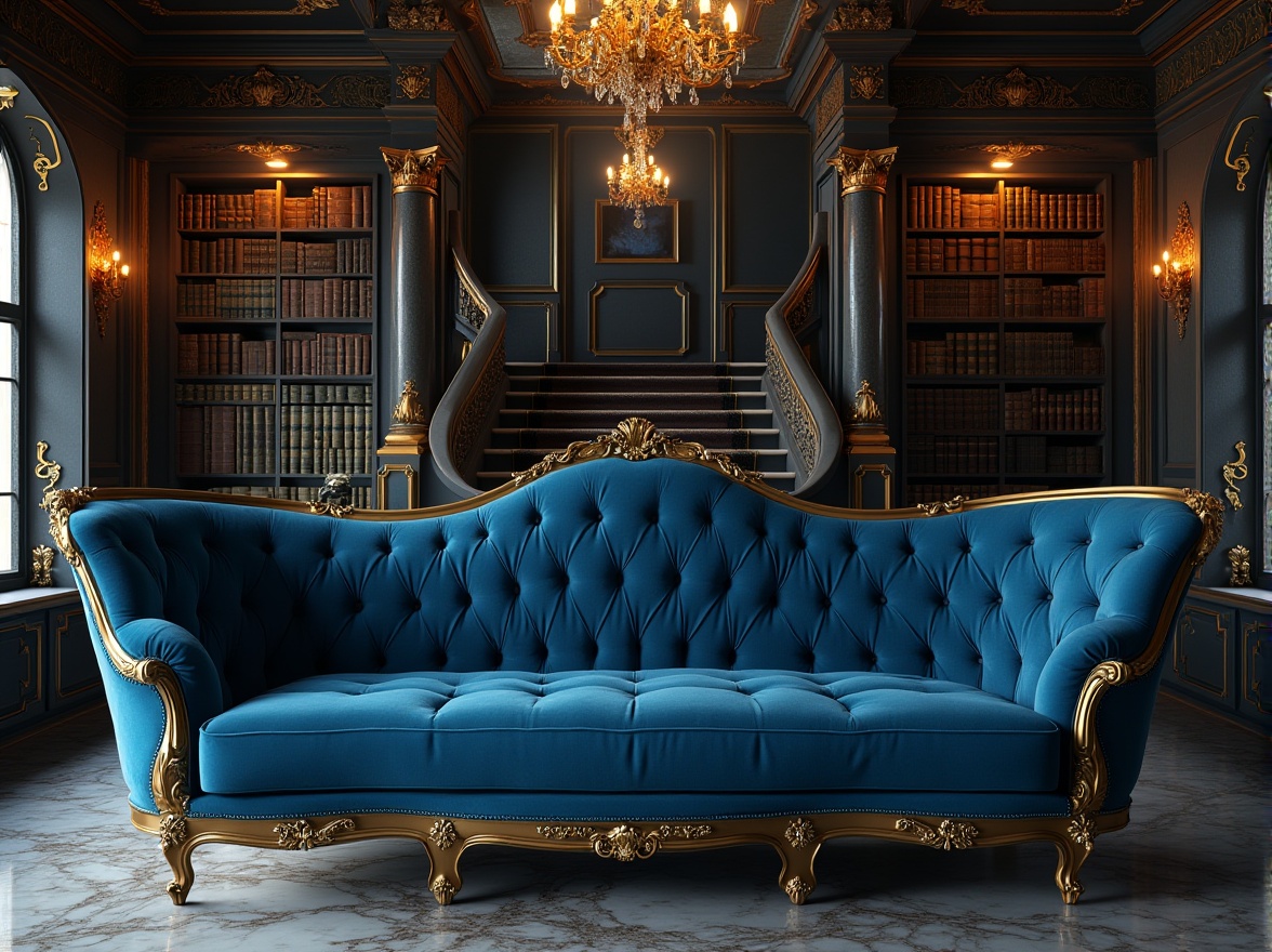 Prompt: Prussian blue, luxurious interior, velvet sofa, golden frame, ornate decorations, lavish chandelier, marble floor, high ceiling, grand staircase, majestic architecture, Baroque style, rich textures, intricate patterns, mysterious ambiance, low-key lighting, dramatic shadows, warm atmosphere, vintage furniture, antique items, mysterious old bookshelves, ancient artifacts.