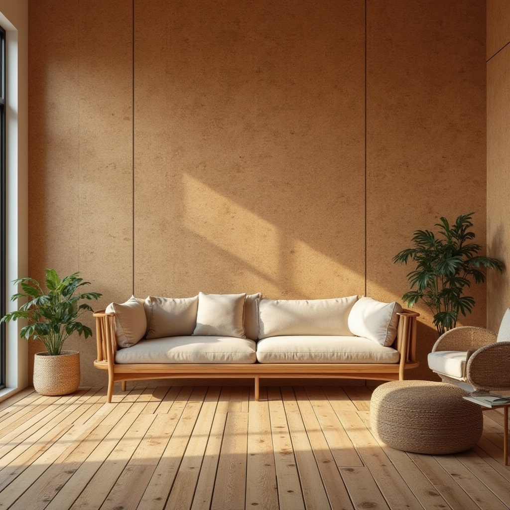 Prompt: Cork material, sustainable, eco-friendly, natural texture, earthy tone, organic pattern, modern design, furniture, decorative wall panel, flooring, warm ambiance, cozy atmosphere, minimalist style, Scandinavian interior, natural lighting, soft shadows, 3/4 composition, shallow depth of field.