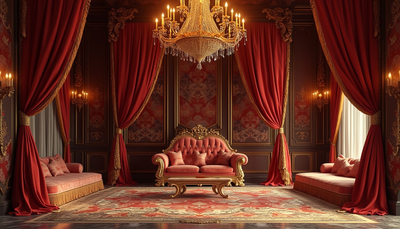 Prompt: Luxurious interior setting, grandiose Baroque style fabrics, velvet drapes with golden thread embroidery, intricate floral patterns, ornate furniture upholstery, majestic red and gold color scheme, opulent chandelier lighting, lavish curtains with tassel trim, regal throne-like chair, antique wooden paneling, richly textured wallpaper, exquisite marble flooring, dramatic ceiling arches, warm softbox lighting, 3/4 composition, shallow depth of field.