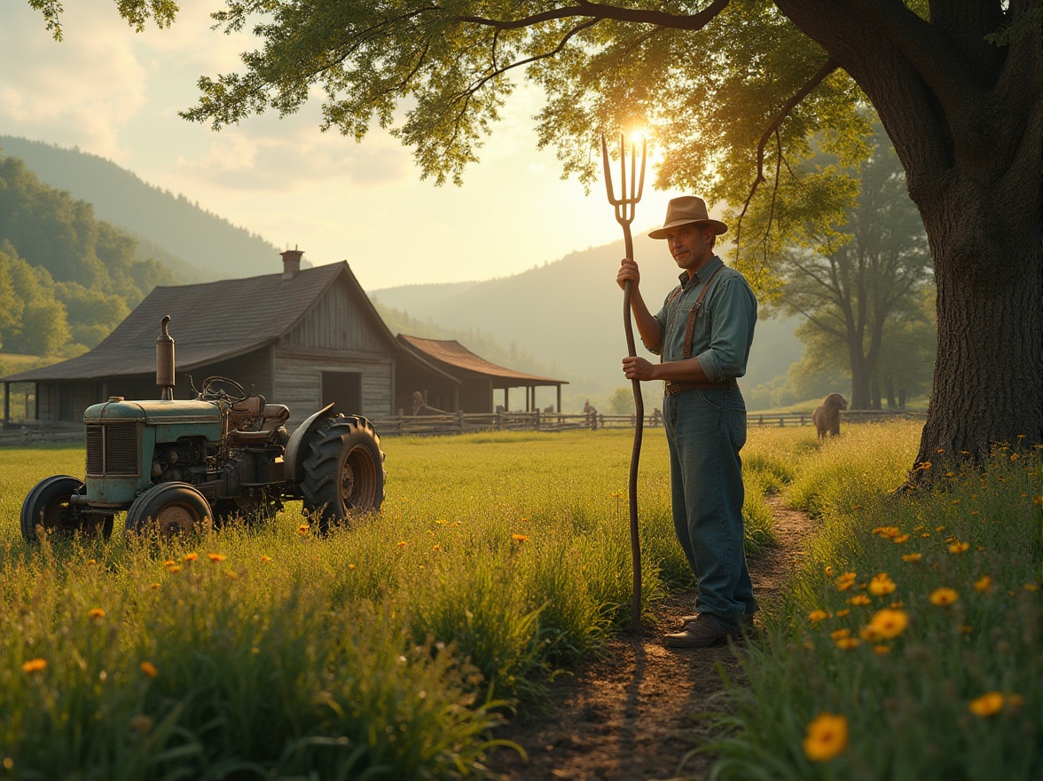 Prompt: Rural landscape, traditional farmhouse, rustic wooden fence, rolling hills, green pastures, wildflowers blooming, old oak tree, vintage tractor, farmer's hat, overalls, holding a pitchfork, standing near a barn door, warm sunlight casting long shadows, soft focus on the background, cinematic composition, natural colors, earthy tones, peaceful atmosphere, serene ambiance.