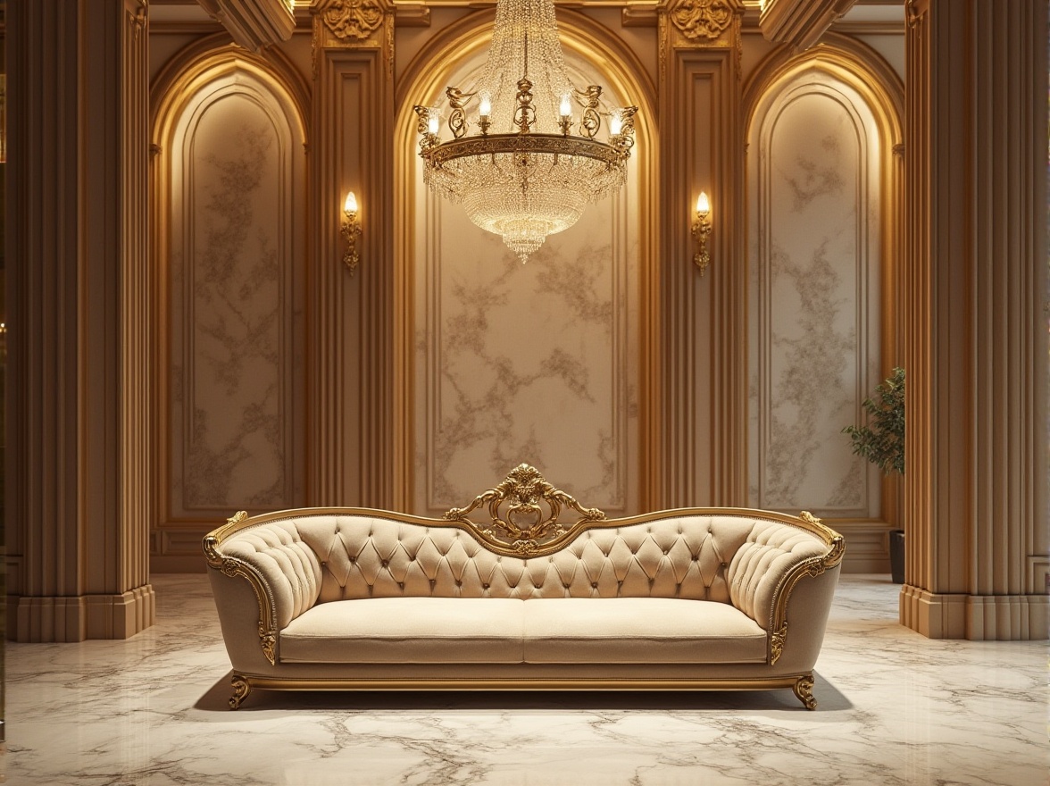 Prompt: Elegant fusion, luxurious interior, modern minimalist, Art Deco patterns, ornate Victorian details, sleek lines, marble floors, grand chandelier, plush velvet sofa, golden accents, intricate wooden carvings, soft warm lighting, 3/4 composition, shallow depth of field, cinematic ambiance, high-end lifestyle, opulent atmosphere, warm beige color palette.