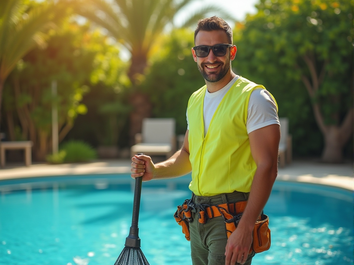 Prompt: Maintenance staff, male, 30s, muscular build, short hair, sunglasses, yellow vest, tool belt, holding a pool cleaning net, standing near a sparkling blue Chukum pool, surrounded by lush greenery, palm trees, sunny day, warm lighting, shallow focus on the staff, blurred background, natural atmosphere, horizontal composition.