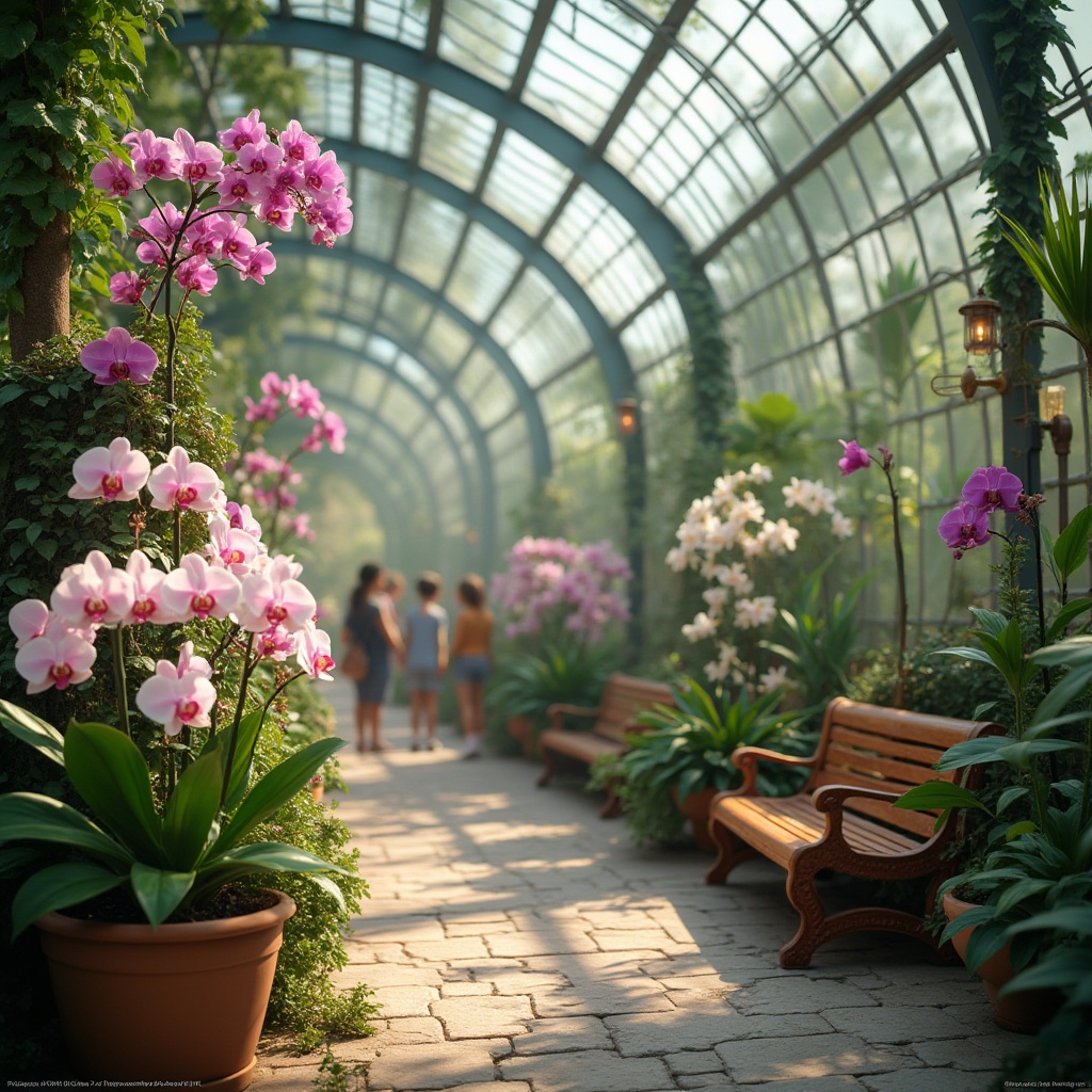 Prompt: Vibrant zoo interior, exotic orchids, pastel pink, white, purple flowers, delicate petals, ornate planters, glass greenhouse, natural light, lush greenery, tropical atmosphere, warm wooden benches, intricate stone pathways, visitors observing, gentle facial expressions, soft focus, shallow depth of field, bright ambient lighting, 3/4 composition.