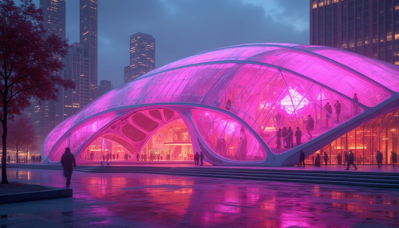 Prompt: Futuristic, modern architecture, Fuchsia color, polycarbonate material, transparent glass, steel framework, curved lines, geometric shapes, complex structure, vibrant pink hue, neon lights, cityscape, metropolitan area, evening scene, dramatic lighting, low-angle shot, 3/4 composition, cinematic mood.