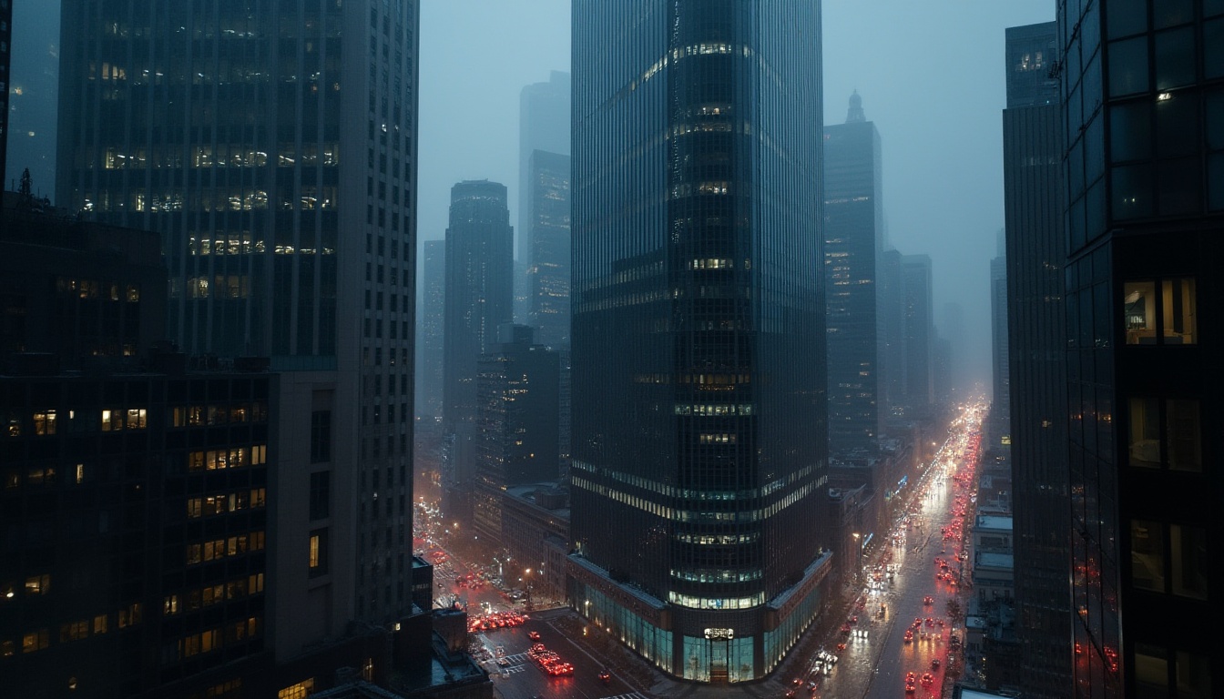 Prompt: Dark urban skyscraper, modern metropolitan cityscape, sleek black glass façade, sharp angular edges, metallic accents, nighttime city lights reflection, misty rain atmosphere, foggy background, dramatic cinematic lighting, low-angle shot, powerful masculine architecture, concrete jungle, busy streets, speeding cars, urban density, brutalist style, monumental structure.