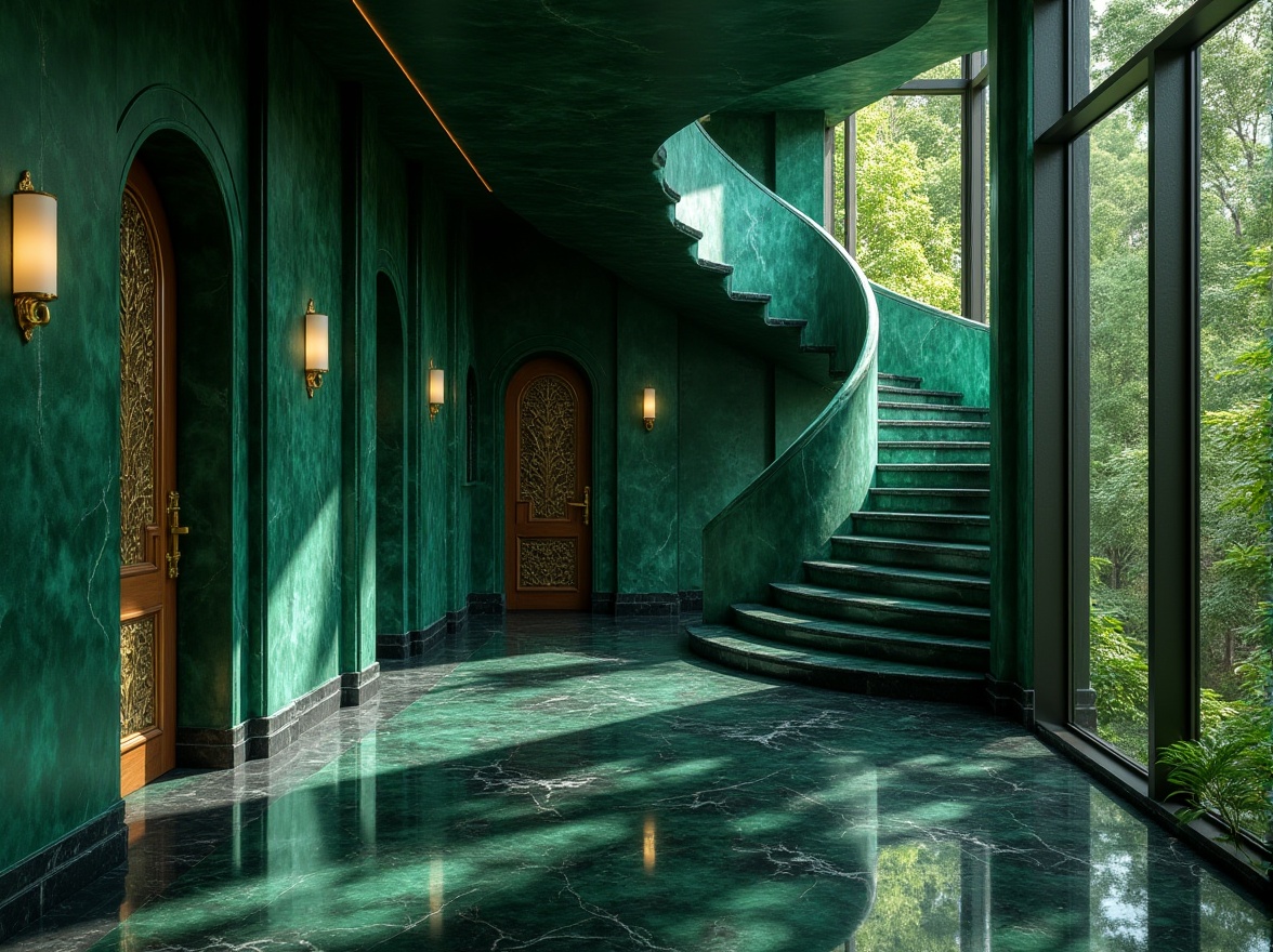 Prompt: Modern luxury villa, incorporating Malachite color, green gemstone-inspired walls, ornate golden door handles, sleek black marble floors, spiral staircase with emerald-green railings, floor-to-ceiling windows, panoramic view of lush forest, natural light pouring in, warm ambient lighting, cinematic composition, 3/4 shot, close-up on intricate architecture details, soft focus on surrounding foliage.