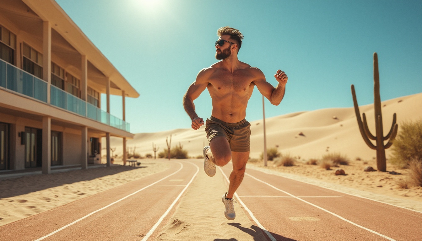 Prompt: Desert-themed gymnasium, modern architecture, vast sand dunes, cactus plants, clear blue sky, strong sun light, athletic tracks, professional sports equipment, muscular male athlete, sweaty workout clothes, sporty hairstyle, aviator sunglasses, intense facial expression, dynamic pose, jumping motion, energetic atmosphere, warm color tone, high contrast lighting, dramatic shadows, 3/4 composition, panoramic view.