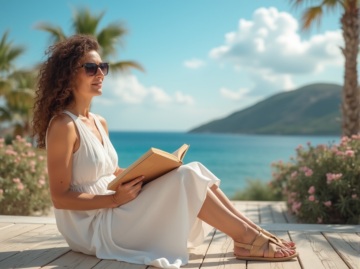 Prompt: Mediterranean coastal house, Byzantine style architecture, mature lady, 40yo, relaxed posture, reading a book, sunglasses, curly brown hair, light makeup, white linen dress, sandals, wooden deck, sea view, clear blue sky, fluffy white clouds, palm trees, beach flowers, warm sunlight, soft shadows, 3/4 composition, natural ambient lighting.