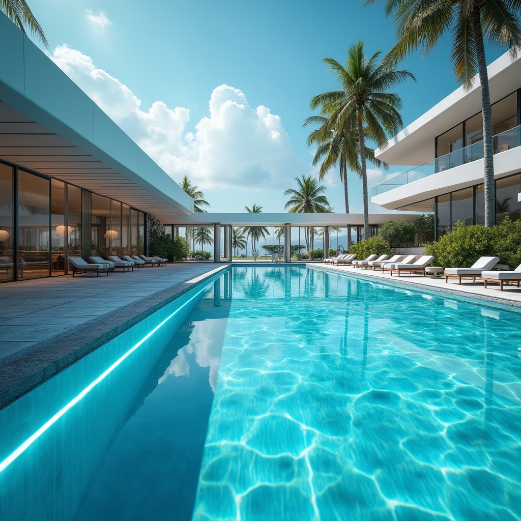 Prompt: Modern swimming pool, futuristic architecture, abstract lines, neon lights reflecting off water surface, turquoise pool water, swimmer's perspective, 3/4 composition, dynamic camera angle, dramatic lighting, high-tech material, glass walls, steel beams, sleek lounge chairs, minimalist decor, tropical plants, palm trees, sunny day, blue sky, puffy white clouds, ambient sound of gentle waves, shallow depth of field.