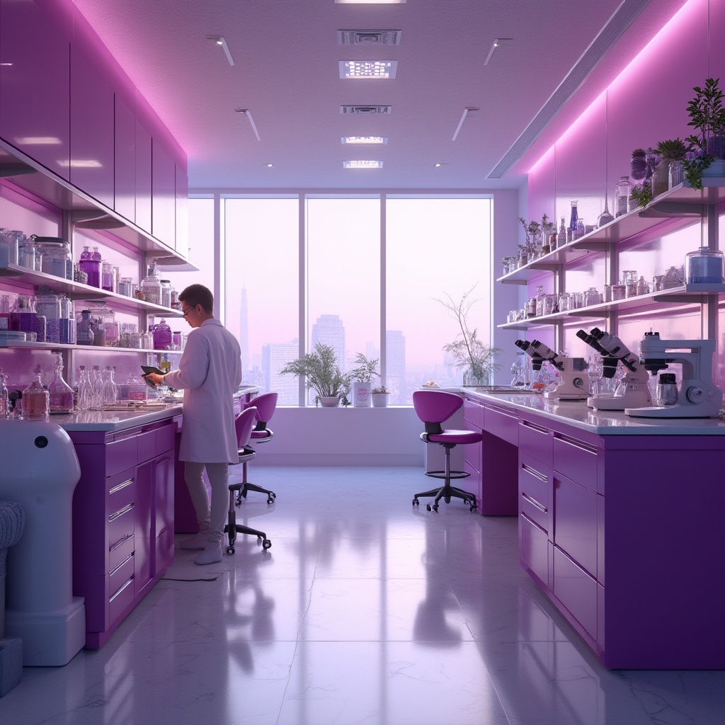 Prompt: plum-colored laboratory, modern minimalist interior design, plum accent walls, white lab coats, stainless steel equipment, sleek countertops, futuristic microscopes, plum-colored pipettes, subtle gradient lighting, 3/4 composition, soft focus, plum-themed accessories, scientific instruments, beakers, test tubes, petri dishes, ergonomic stools, floor-to-ceiling windows, natural light, cityscape view, afternoon sun.