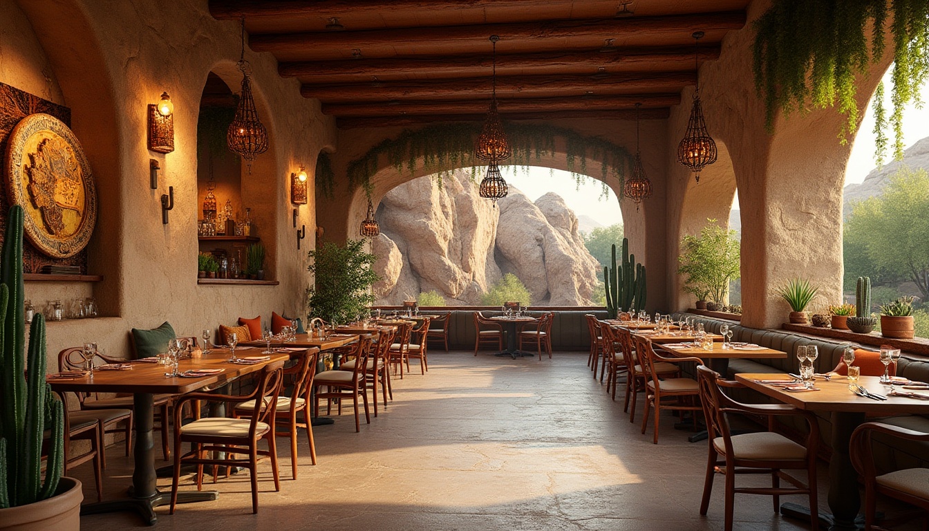 Prompt: Southwestern-themed restaurant, rustic canyon-inspired interior, earthy tones, wooden accents, stone walls, natural rock formations, lush greenery, hanging vines, lanterns, warm lighting, cozy atmosphere, wooden tables, comfortable seating, desert botanicals, cacti, succulents, sandy beige floors, earth-toned ceramics, woven textiles, Navajo patterns, abstract canyon artwork, panoramic window views, outdoor patio seating, sunset colors, dramatic shadows, natural materials, organic textures.