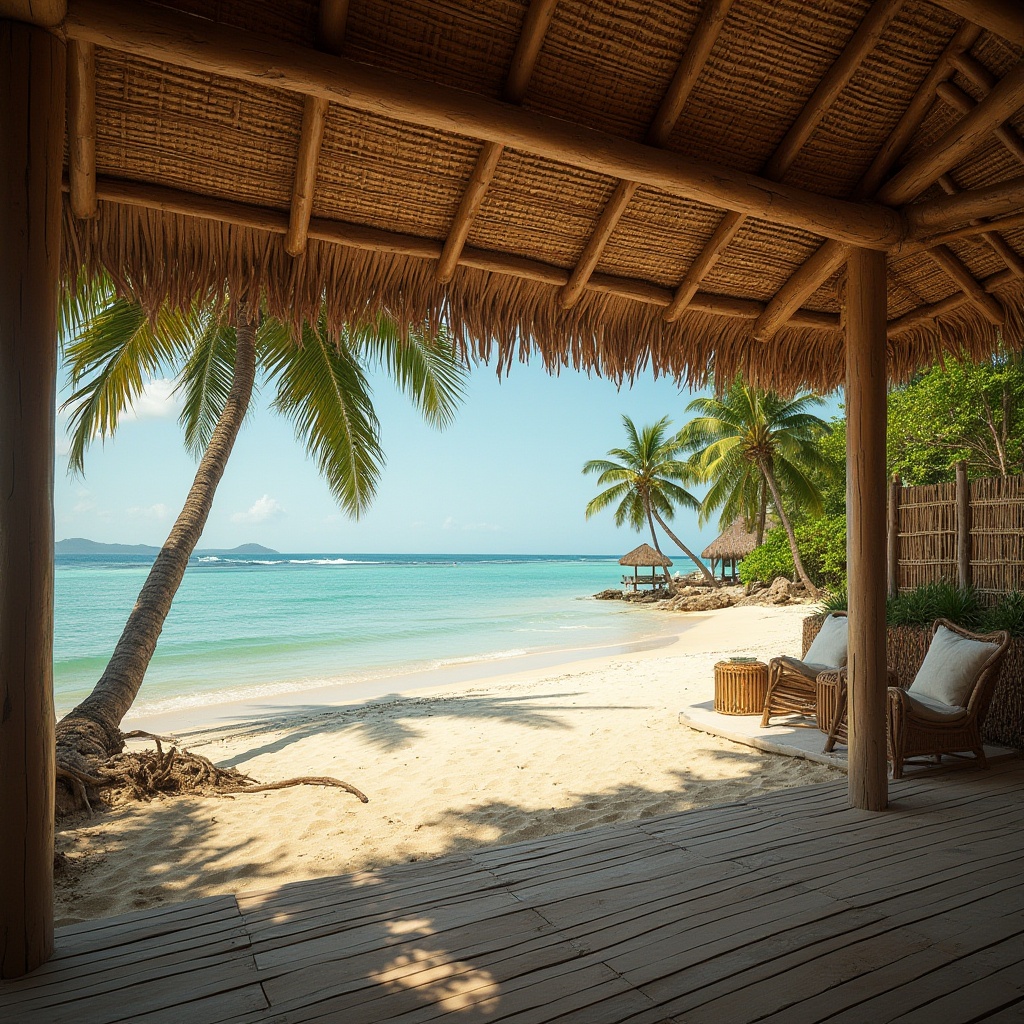 Prompt: Tropical beach scene, bamboo material, natural texture, woven pattern, driftwood, beach hut, thatched roof, bamboo fence, seaside villa, palm trees, sandy shore, clear turquoise water, sunny day, warm lighting, low-angle shot, 3/4 composition, natural ambiance, serene atmosphere.