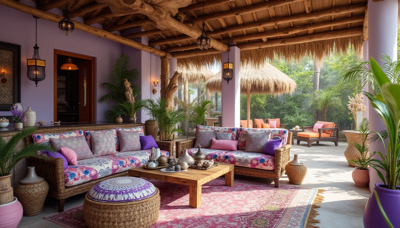 Prompt: Eclectic beach design, vibrant purple accents, bohemian chic, mixed patterns, distressed wood, natural textiles, woven baskets, rattan furniture, colorful lanterns, Moroccan tiles, ornate metalwork, seashell decorations, driftwood sculptures, tropical plants, palm trees, beachside villa, sunny afternoon, warm lighting, 3/4 composition, soft focus.