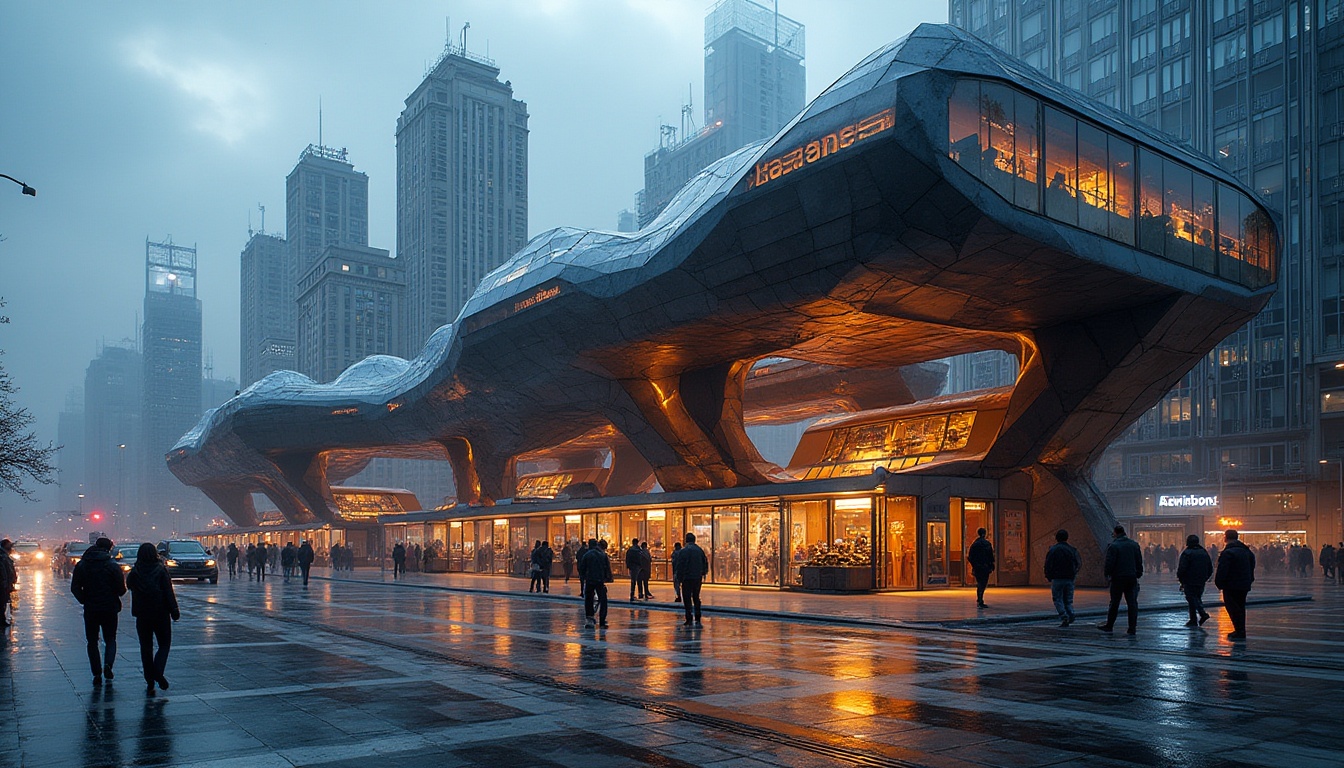 Prompt: Deconstructivist bus station, futuristic, complex geometry, fragmented structures, irregular shapes, bold color scheme, metallic materials, glass façade, LED lighting, modern urban landscape, cityscape, evening atmosphere, busy street scene, people walking, blurred motion, shallow depth of field, abstract composition, dramatic shadows, high contrast, cinematic mood.