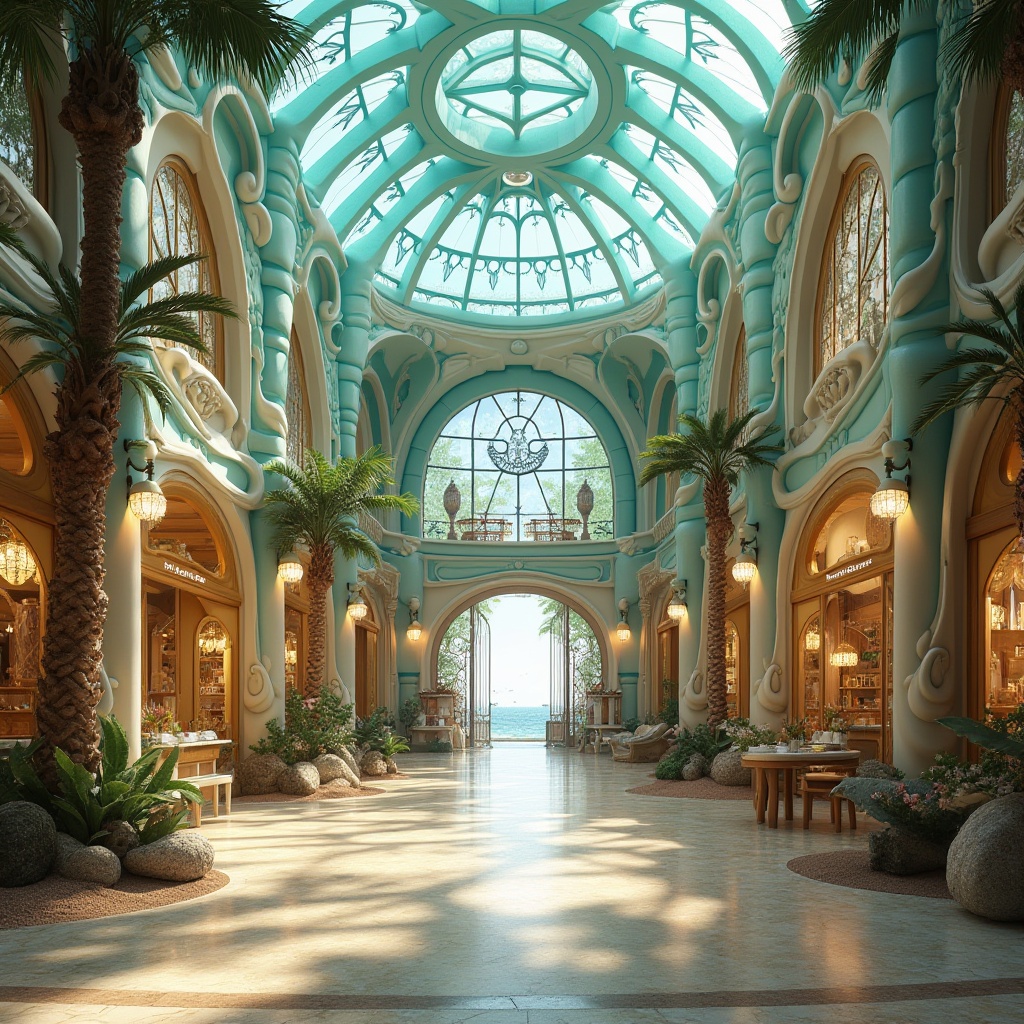 Prompt: Beach-inspired Art Nouveau shopping center, grand entrance with undulating waves, ornate metalwork gates, intricately designed seaweed-patterned walls, turquoise blue domes, stained glass windows, organic curves, shell-shaped kiosks, driftwood benches, sandy-beige flooring, potted palm trees, warm soft lighting, atmospheric mist, seagulls flying overhead, ocean breeze, 3/4 composition, cinematic angle.