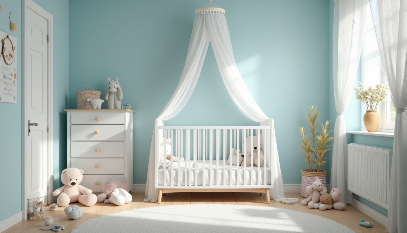 Prompt: trendy nursery, baby blue walls, white furniture, crib with canopy, soft toys scattered, warm lighting, pastel color palette, gentle shadows, cozy atmosphere, 3/4 composition, shallow depth of field, cute decorations, baby blocks, stuffed animals, lace curtains, flowers in vase, natural wood floor.