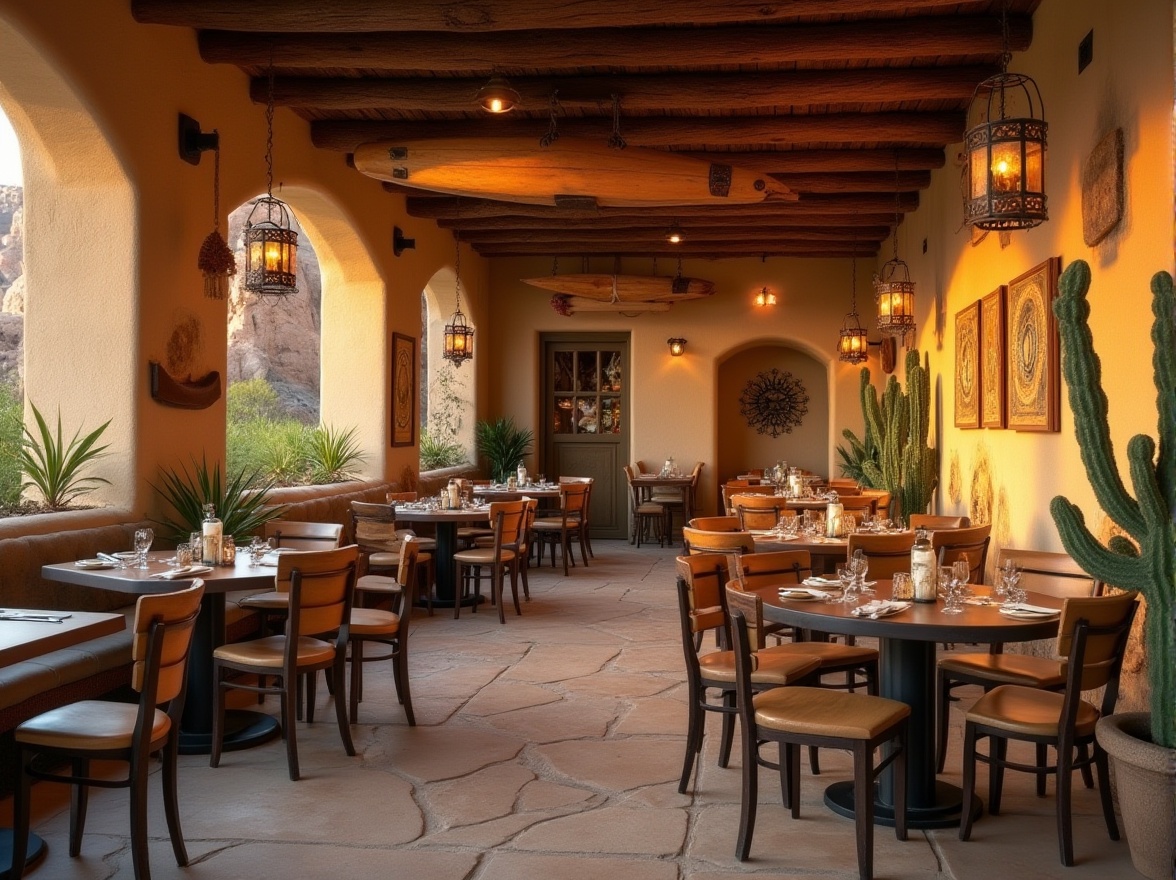 Prompt: Southwestern themed restaurant, canyon-inspired interior, earthy tones, rustic wooden tables, sandy beige walls, stone flooring, natural textures, hanging lanterns, cacti decorations, vintage outdoor gear displays, wooden canoe suspended from ceiling, warm cozy ambiance, golden hour lighting, close-up of wooden accents, 3/4 composition, soft focus background.