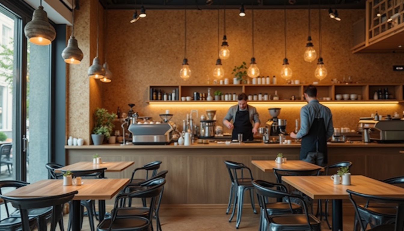 Prompt: Coffee shop interior, modern design, cork walls, natural texture, earthy tone, minimalist decor, wooden tables, metal chairs, pendant lamps, industrial style, coffee machines, steam wand, barista, apron, pouring coffee, warm atmosphere, soft lighting, shallow depth of field, 3/4 composition, close-up shot, warm color palette, natural materials, sustainability, eco-friendly, trendy vibe, urban setting, daytime, soft focus, bokeh effect.