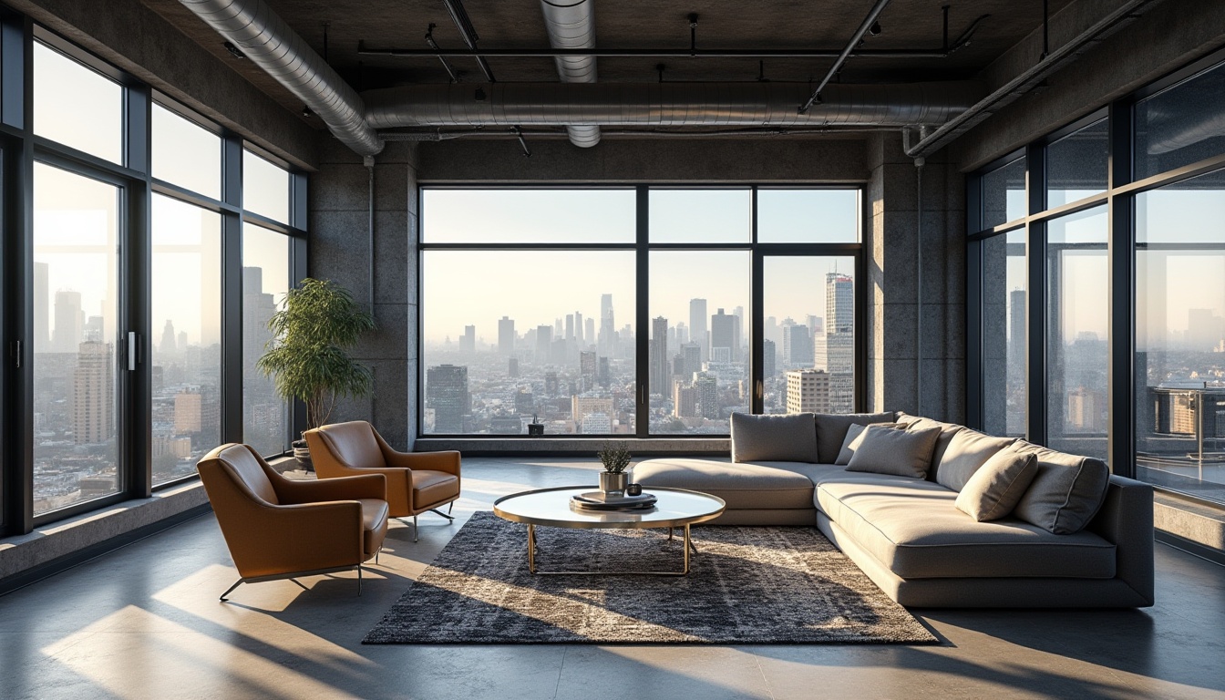 Prompt: Modern interior design, steel-framed materials, sleek lines, minimal ornamentation, industrial chic, urban loft, concrete floor, metal beams, exposed ductwork, floor-to-ceiling windows, natural light pouring in, cityscape view, contemporary furniture, low-profile sofa, steel-legged coffee table, geometric-patterned rug, metallic accents, subtle color palette, atmospheric lighting, 3/4 composition, high contrast, dramatic shadows.