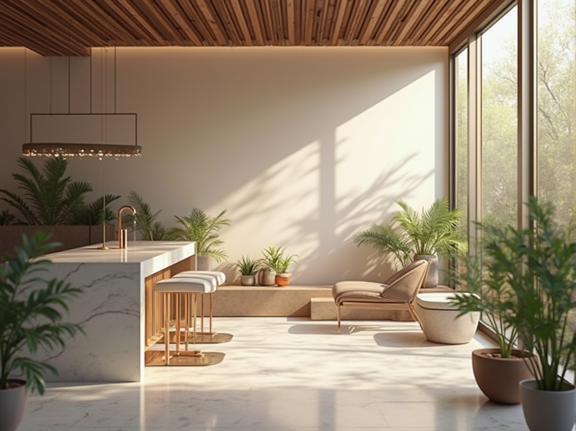 Prompt: Modern minimalist interior, Scandinavian style, sleek lines, wooden accents, marble countertop, geometric shapes, metallic legs, ergonomic chair, potted plants, natural light pouring in through floor-to-ceiling windows, subtle gradient background, 3/4 composition, shallow depth of field, warm ambient lighting, soft focus.