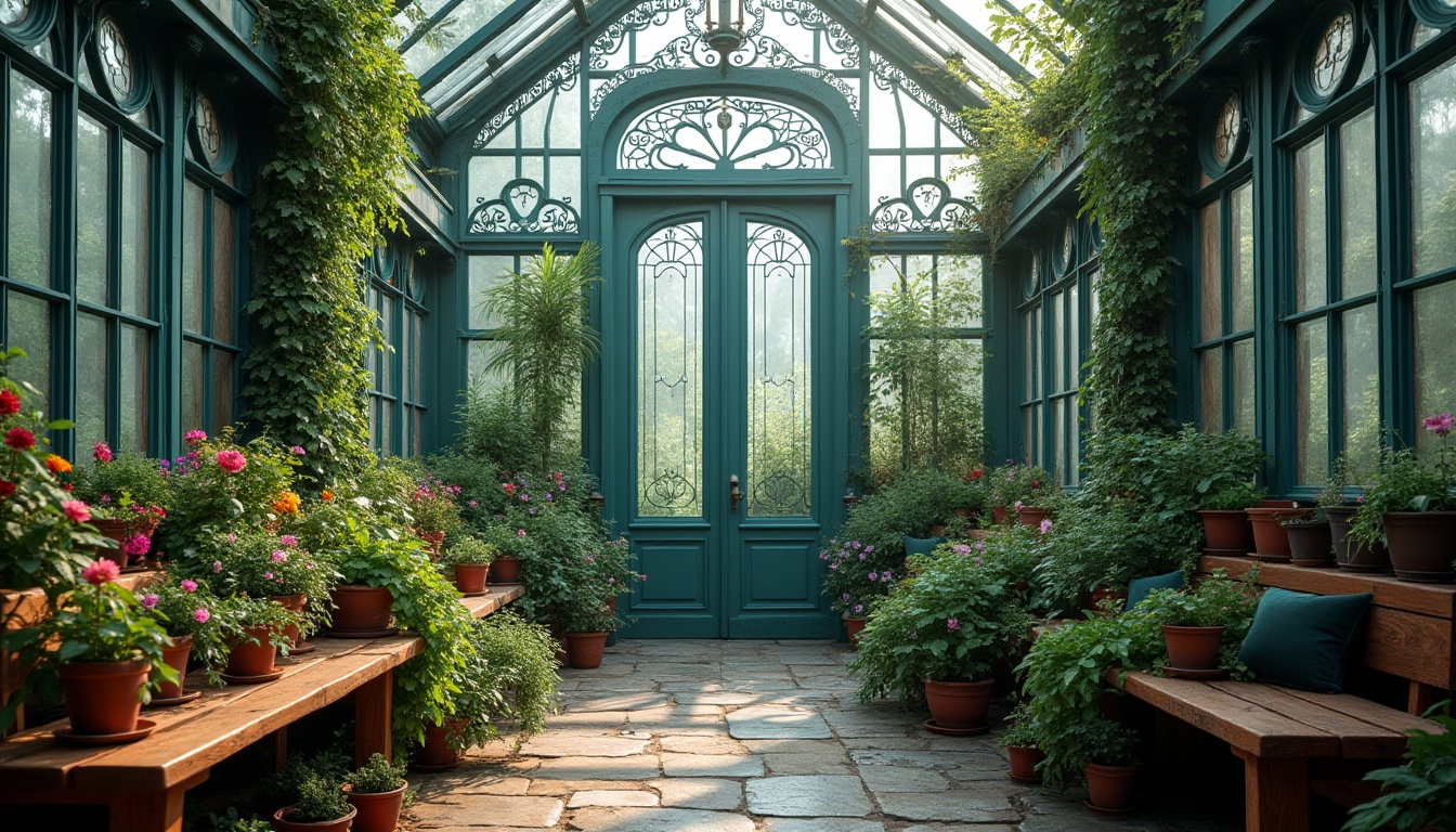 Prompt: Vibrant heliotrope color, unique greenhouse design, exotic plants, lush foliage, intricate iron framework, ornate Victorian-style glass panels, warm soft lighting, misty atmosphere, delicate vines crawling up walls, rare flowers blooming in vibrant colors, wooden benches with velvet cushions, elegant lace curtains, antique gardening tools, distressed stone flooring, natural ambiance, cinematic composition, 3/4 view.