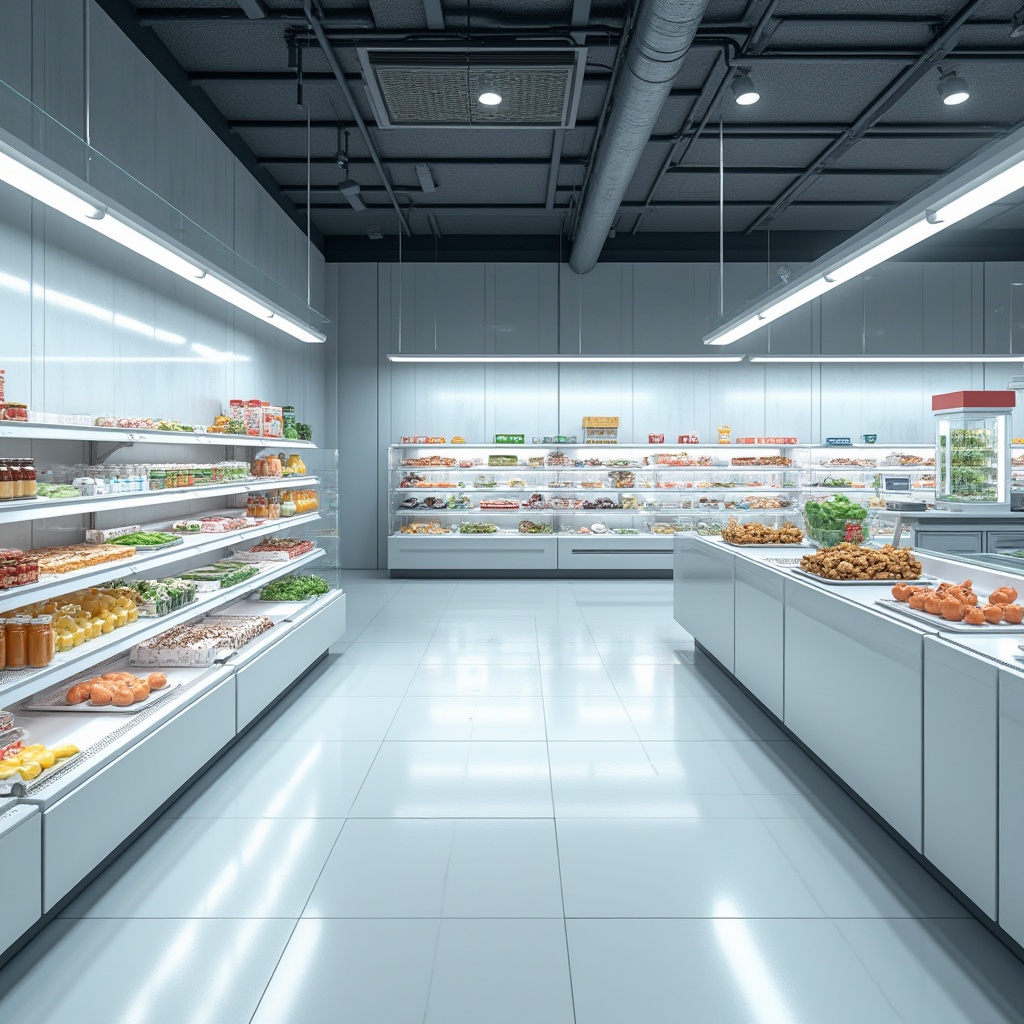 Prompt: Modern grocery store interior, polycarbonate material shelves, transparent walls, LED lighting, minimalist decorations, white floor tiles, stainless steel countertops, futuristic atmosphere, 3/4 composition, medium shot, shallow depth of field, bright ambient light, commercial architecture, urban setting.